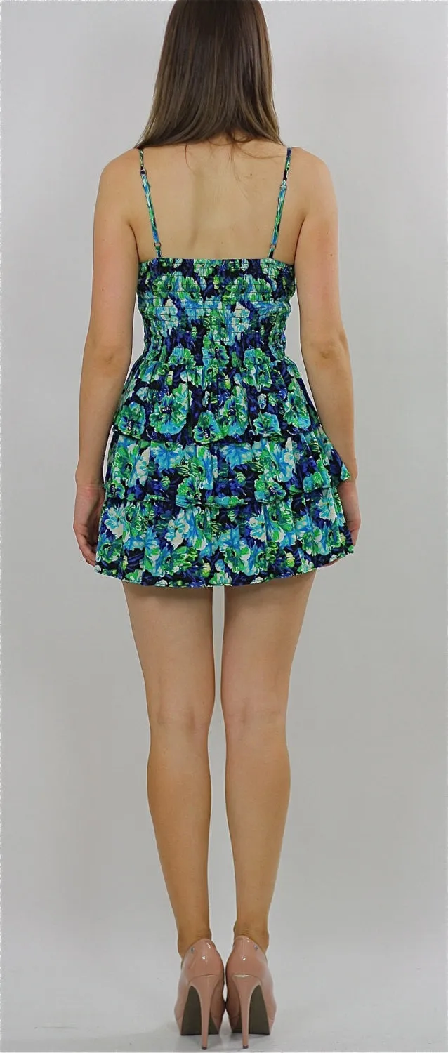 80s Tropical floral mini tiered Ruffle sun Dress
