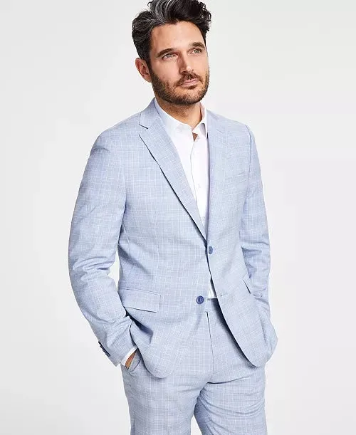 Alfani Mens Slim fit Suit Jacket Blazer 46 L Blue Plaid Stretch