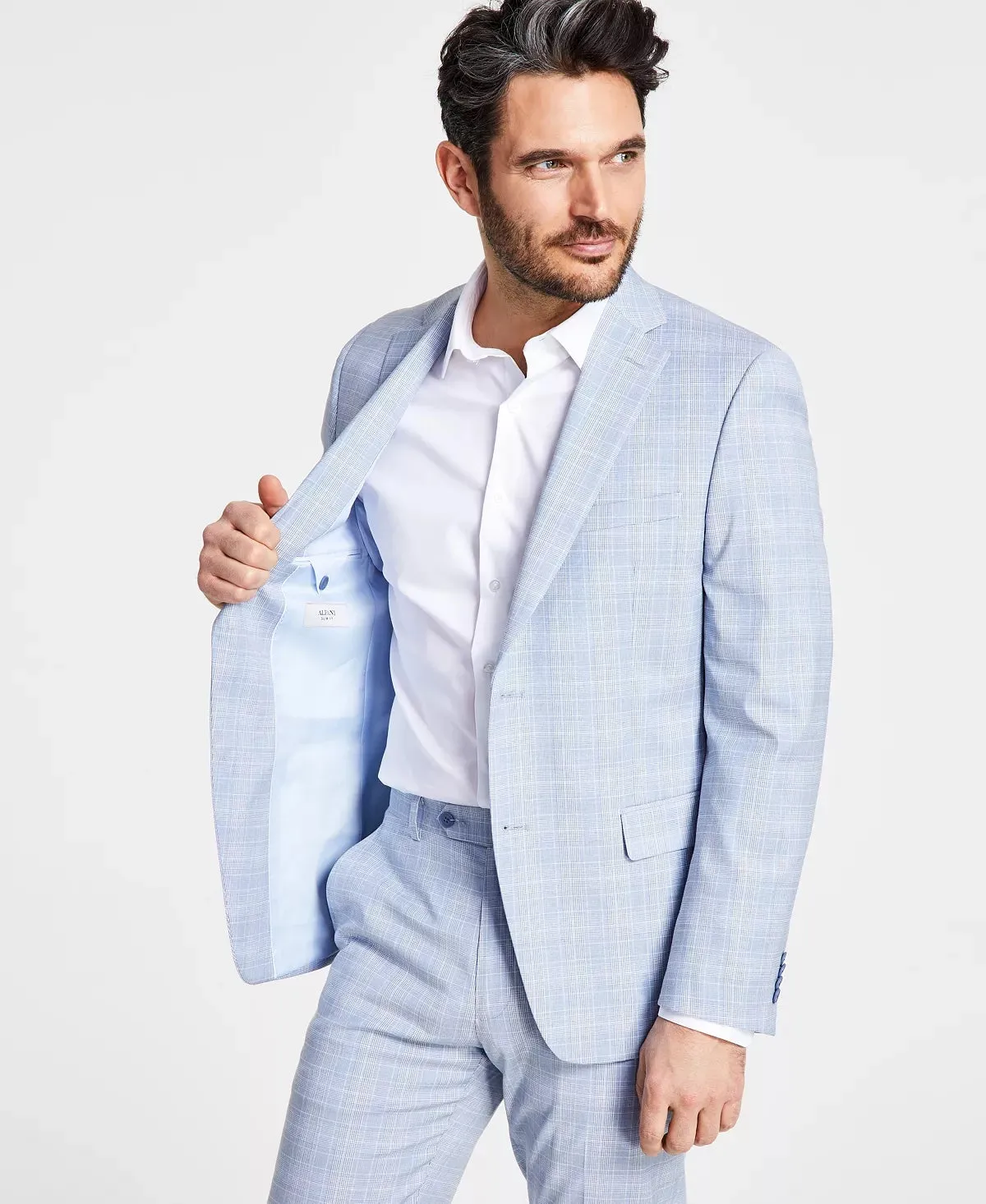 Alfani Mens Slim fit Suit Jacket Blazer 46 L Blue Plaid Stretch