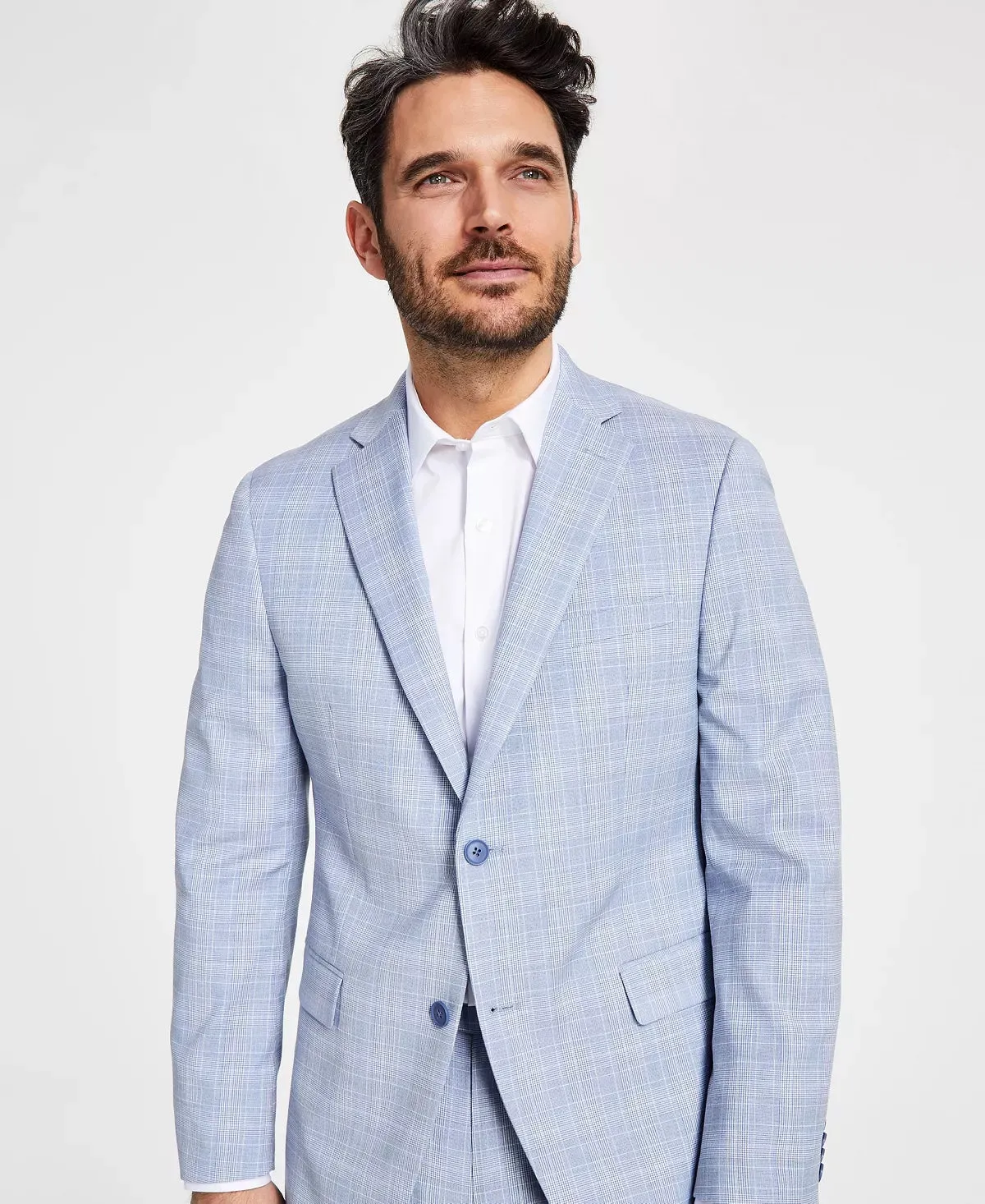 Alfani Mens Slim fit Suit Jacket Blazer 46 L Blue Plaid Stretch