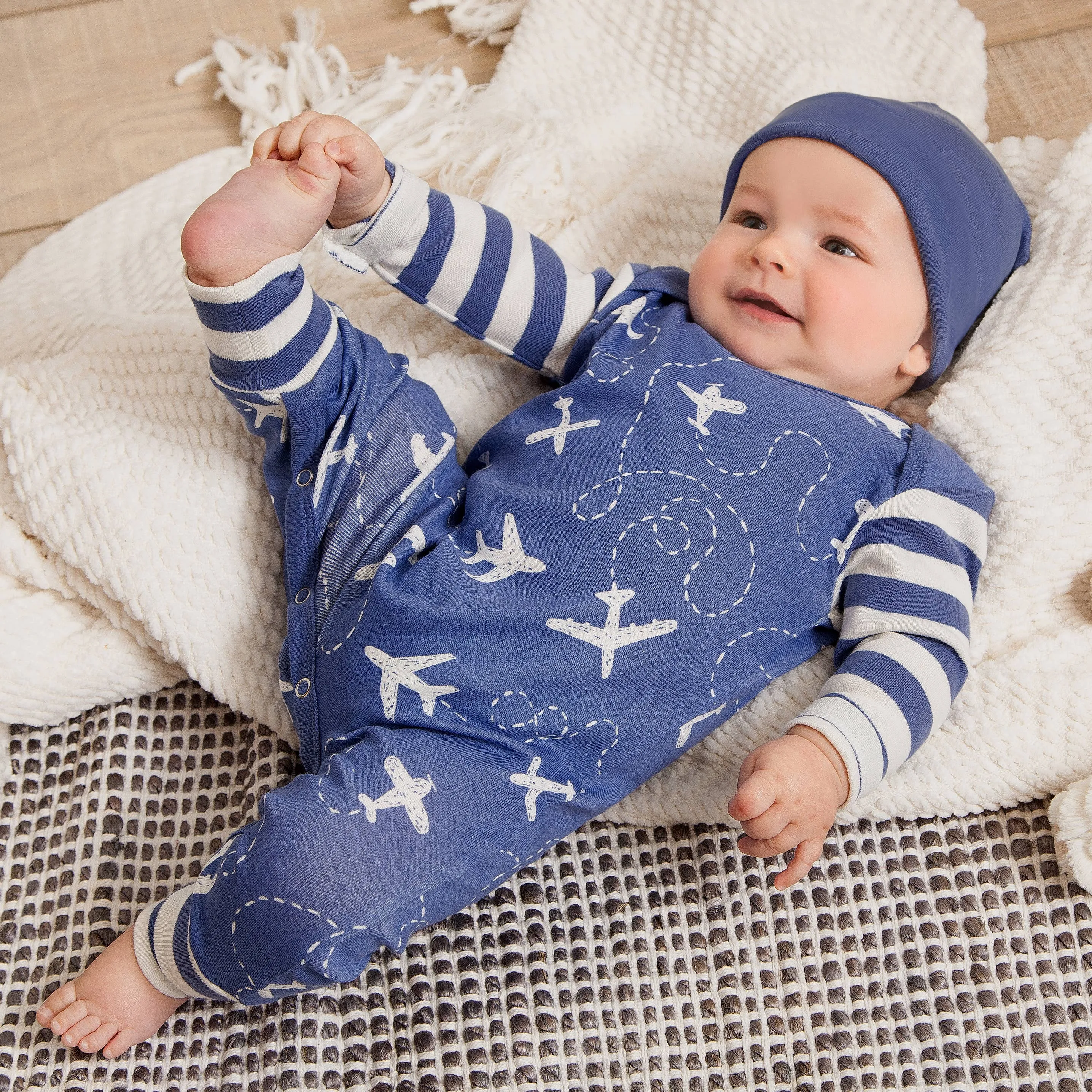 Baby Boy's Airplanes Cotton Romper: Blue/Ivory