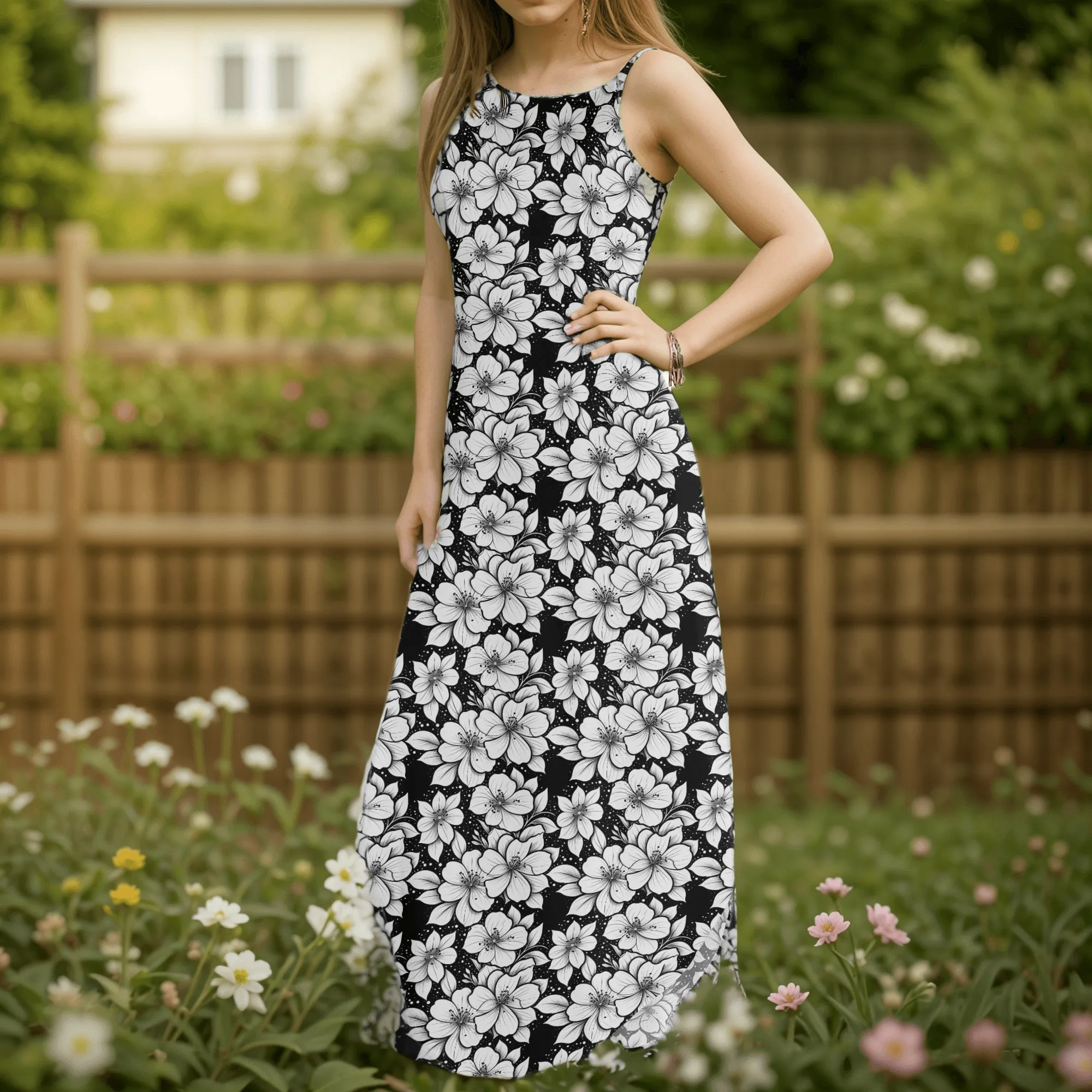 Black and White Floral Womens Elegant Sleeveless Evening Dress