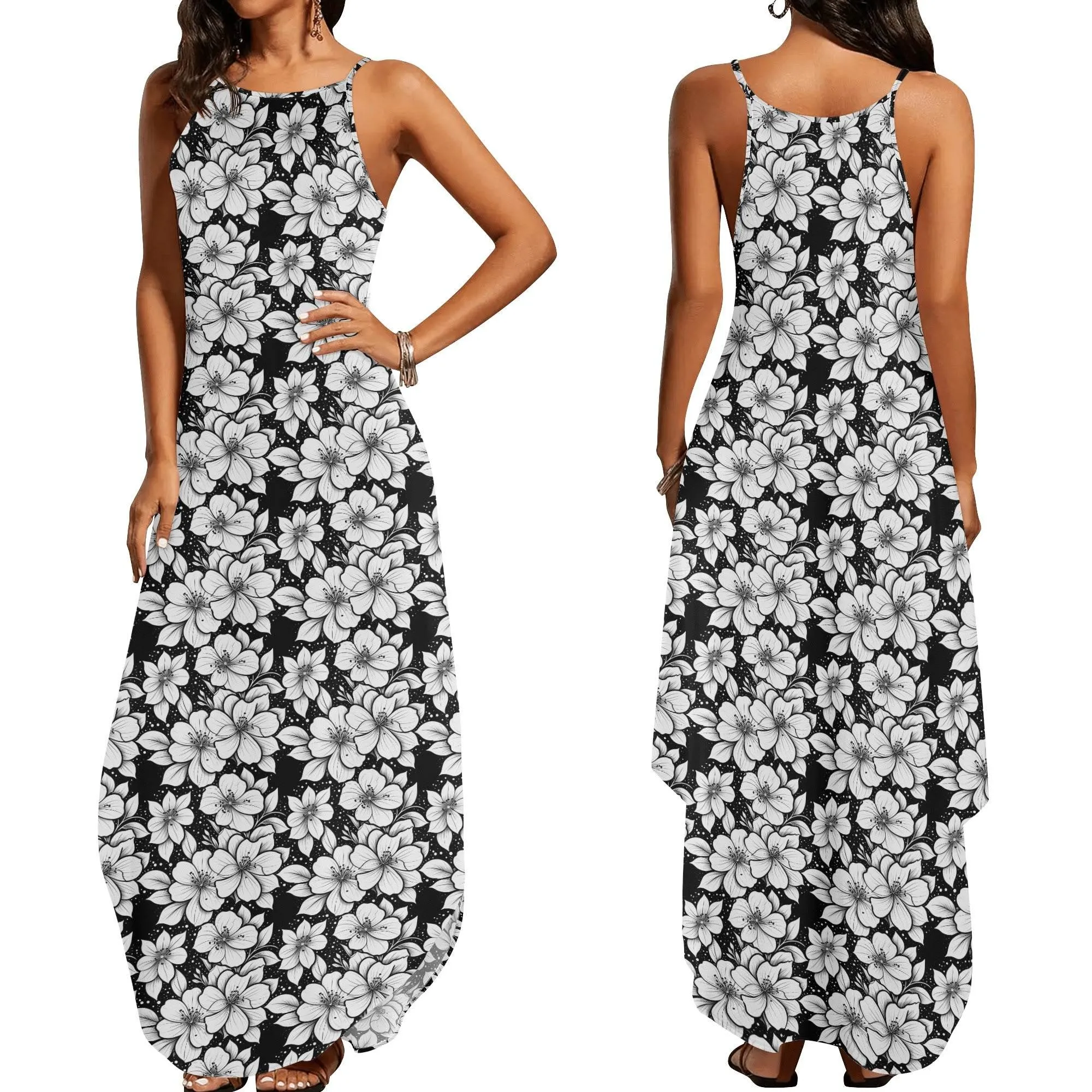 Black and White Floral Womens Elegant Sleeveless Evening Dress
