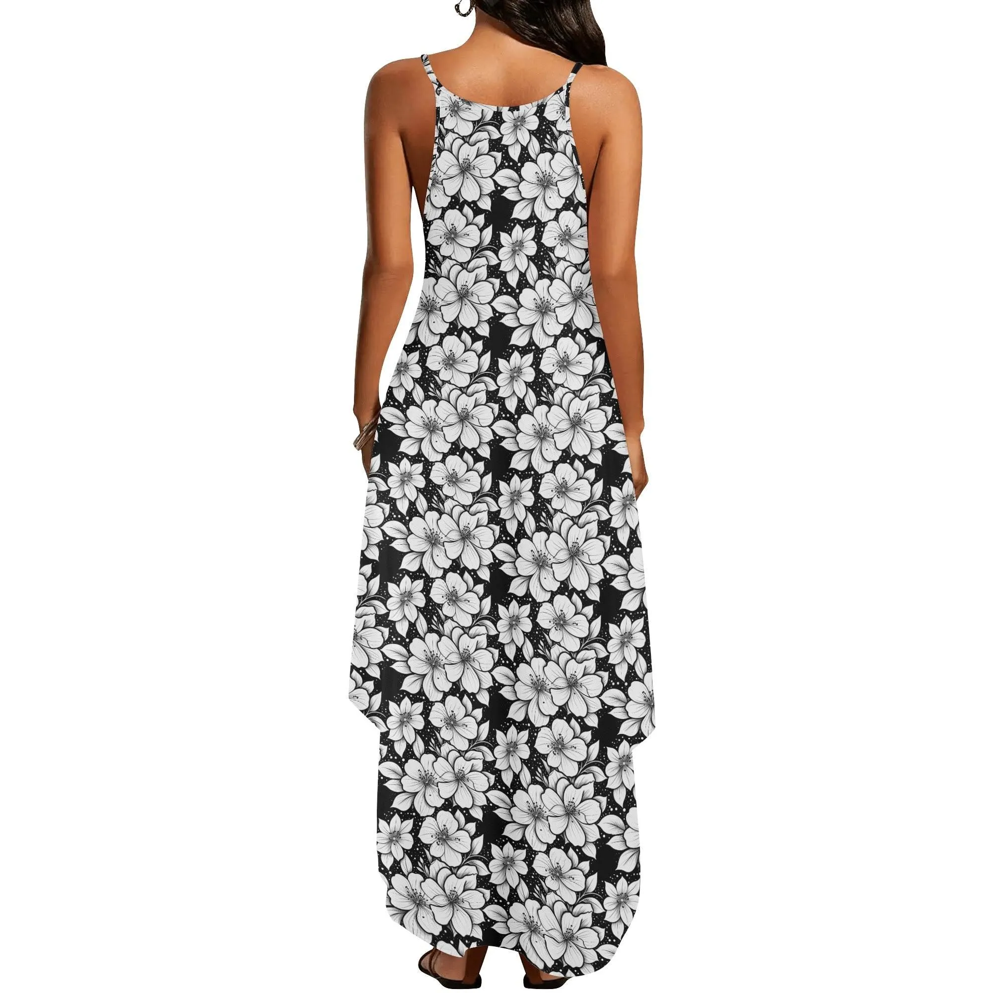 Black and White Floral Womens Elegant Sleeveless Evening Dress