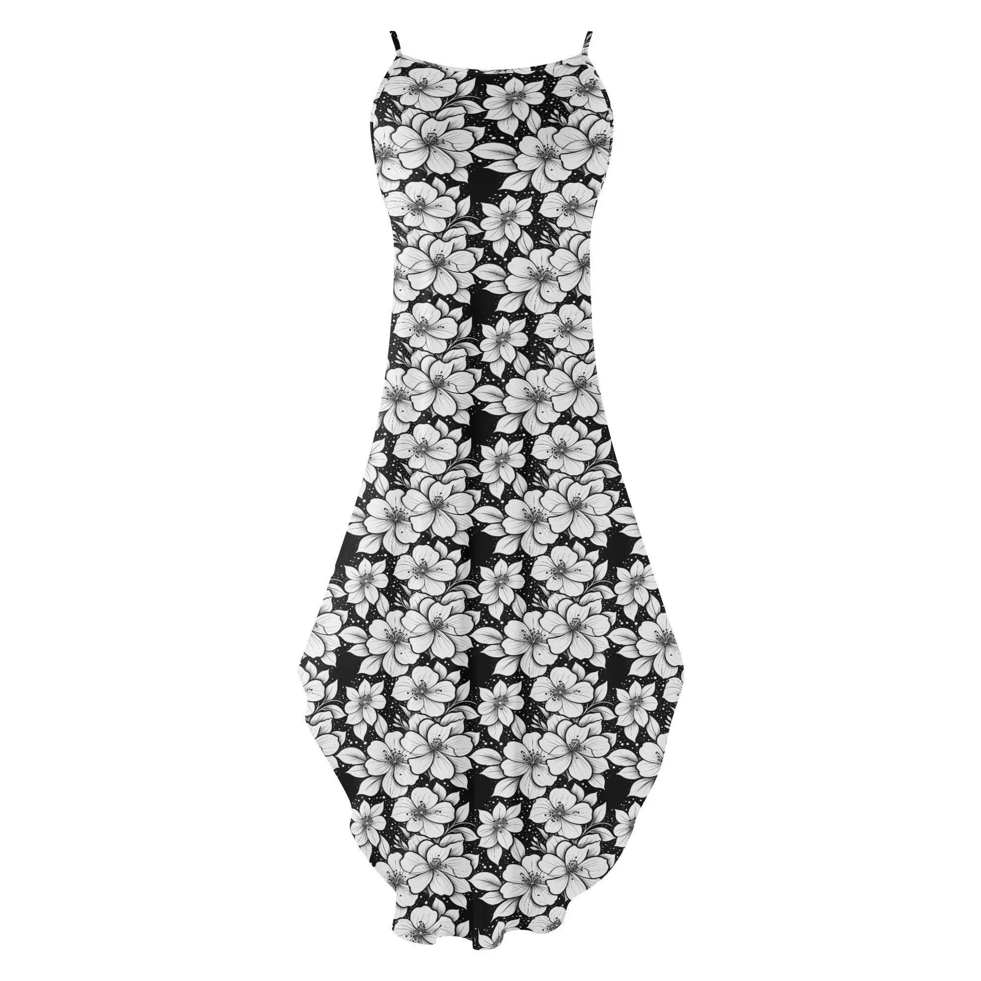 Black and White Floral Womens Elegant Sleeveless Evening Dress