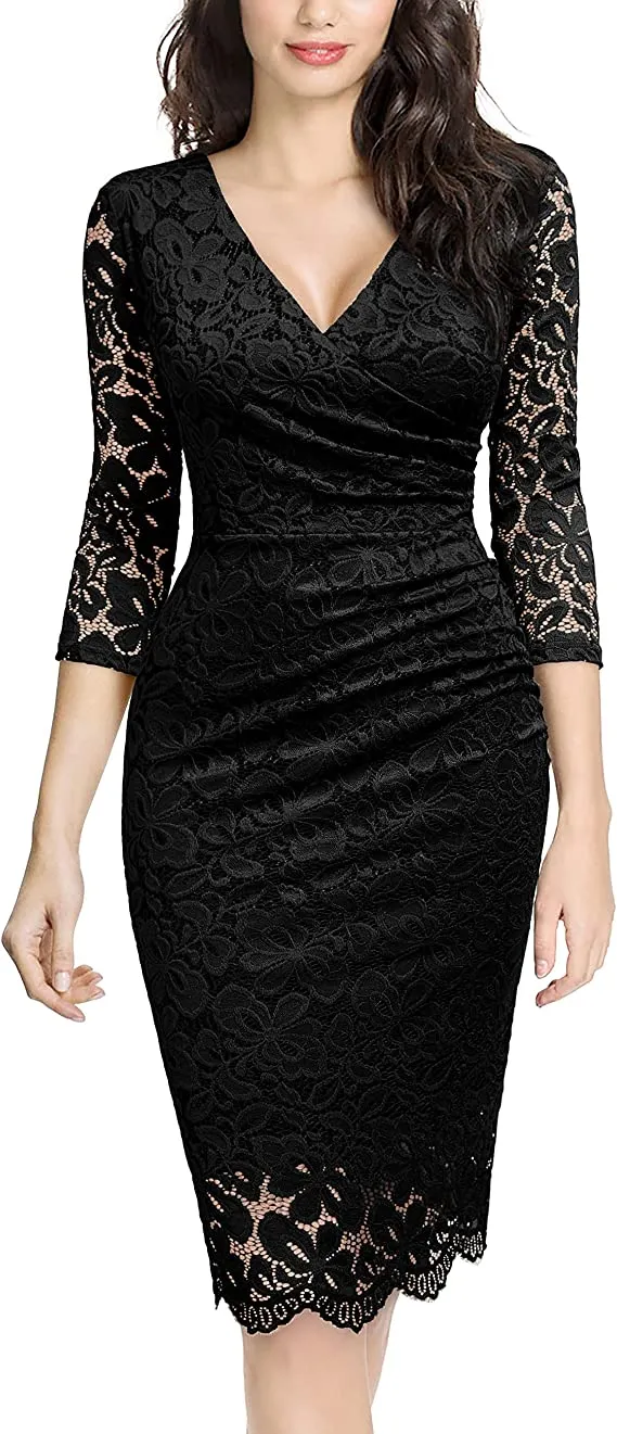 Black Women's Retro Deep-V Neck Ruffles Floral Lace Evening Pencil Dress - Miusol