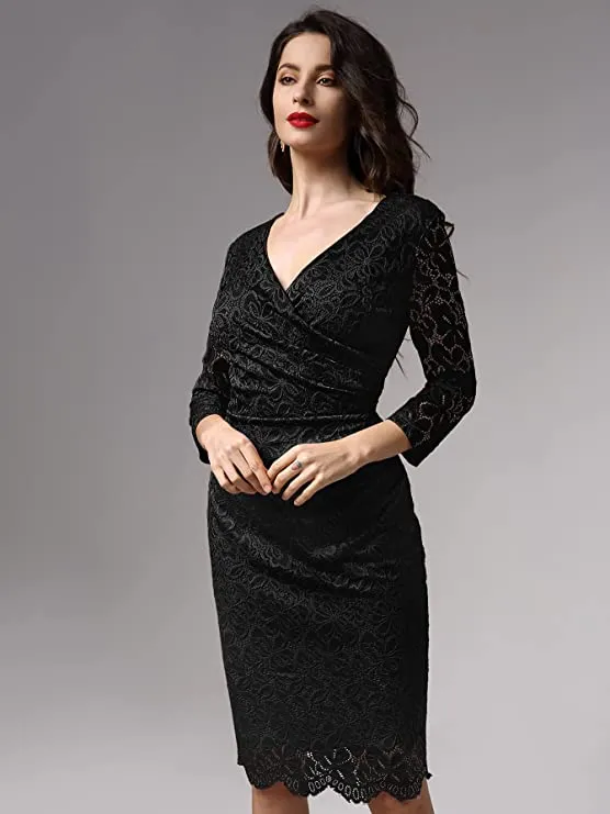 Black Women's Retro Deep-V Neck Ruffles Floral Lace Evening Pencil Dress - Miusol