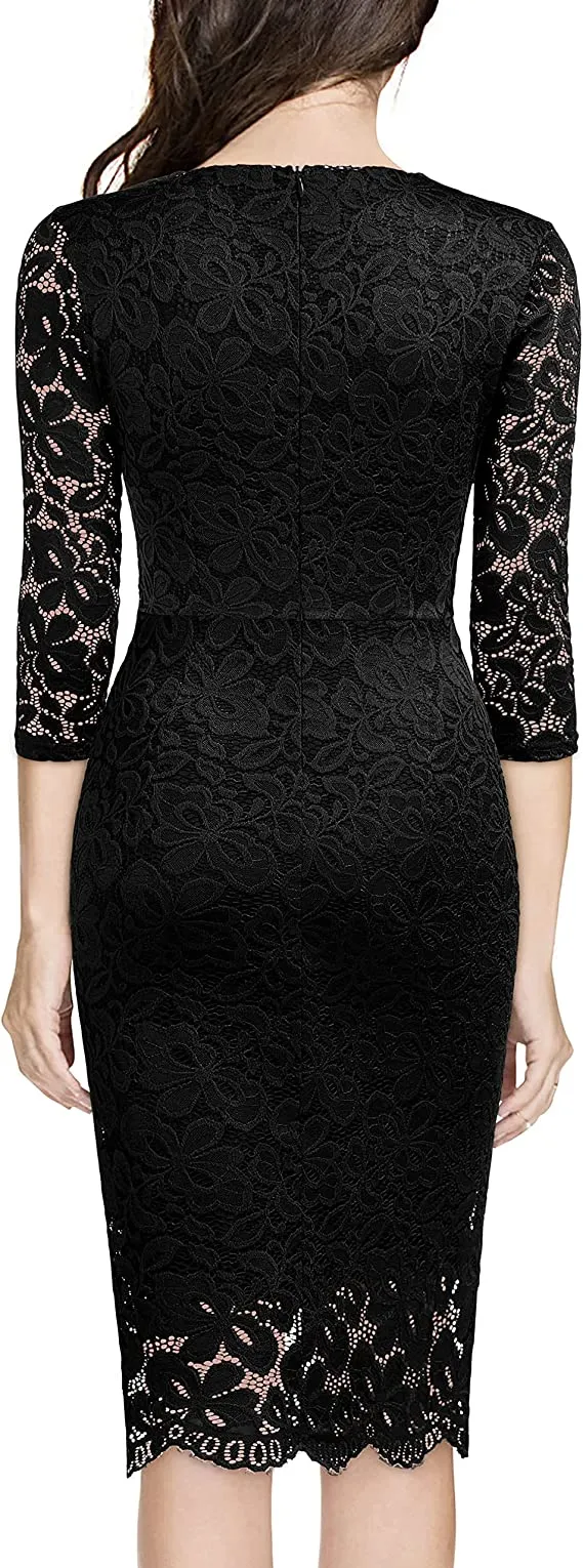 Black Women's Retro Deep-V Neck Ruffles Floral Lace Evening Pencil Dress - Miusol