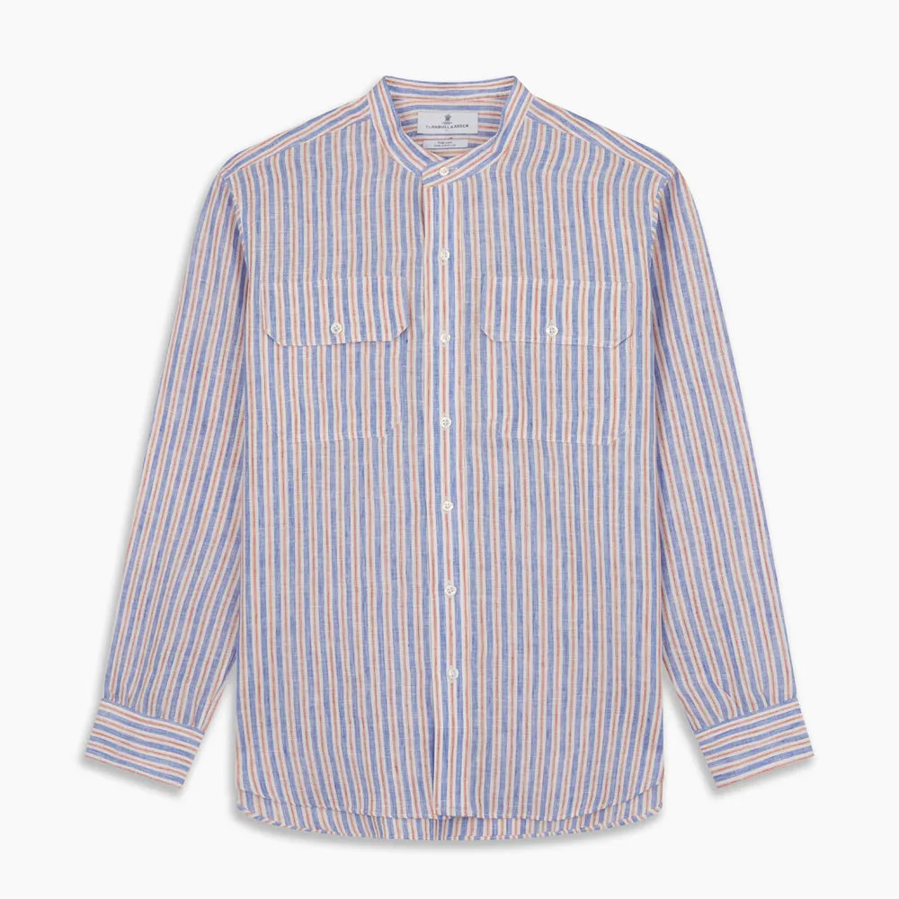 Blue & Red Linen Stripe Weekend Fit Shirt with Stand Collar