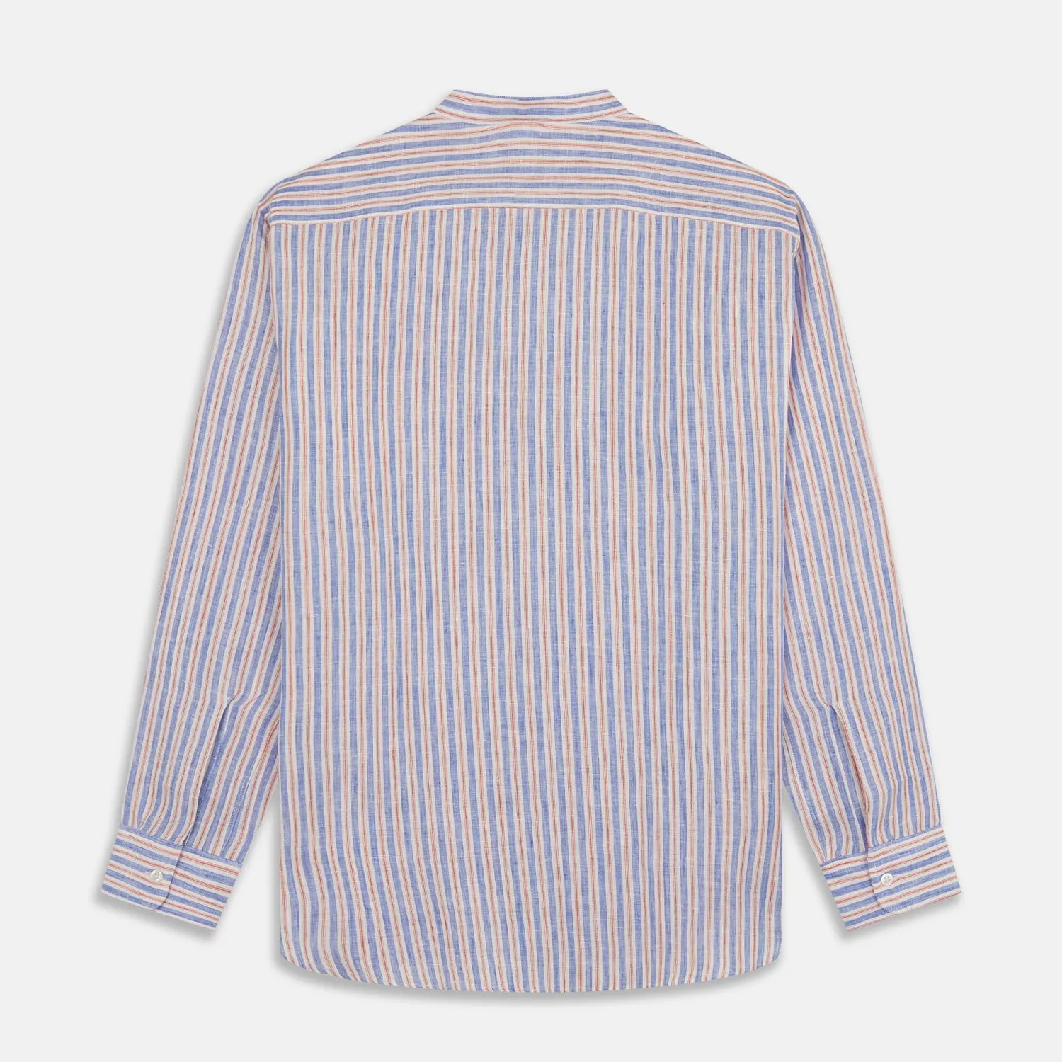 Blue & Red Linen Stripe Weekend Fit Shirt with Stand Collar