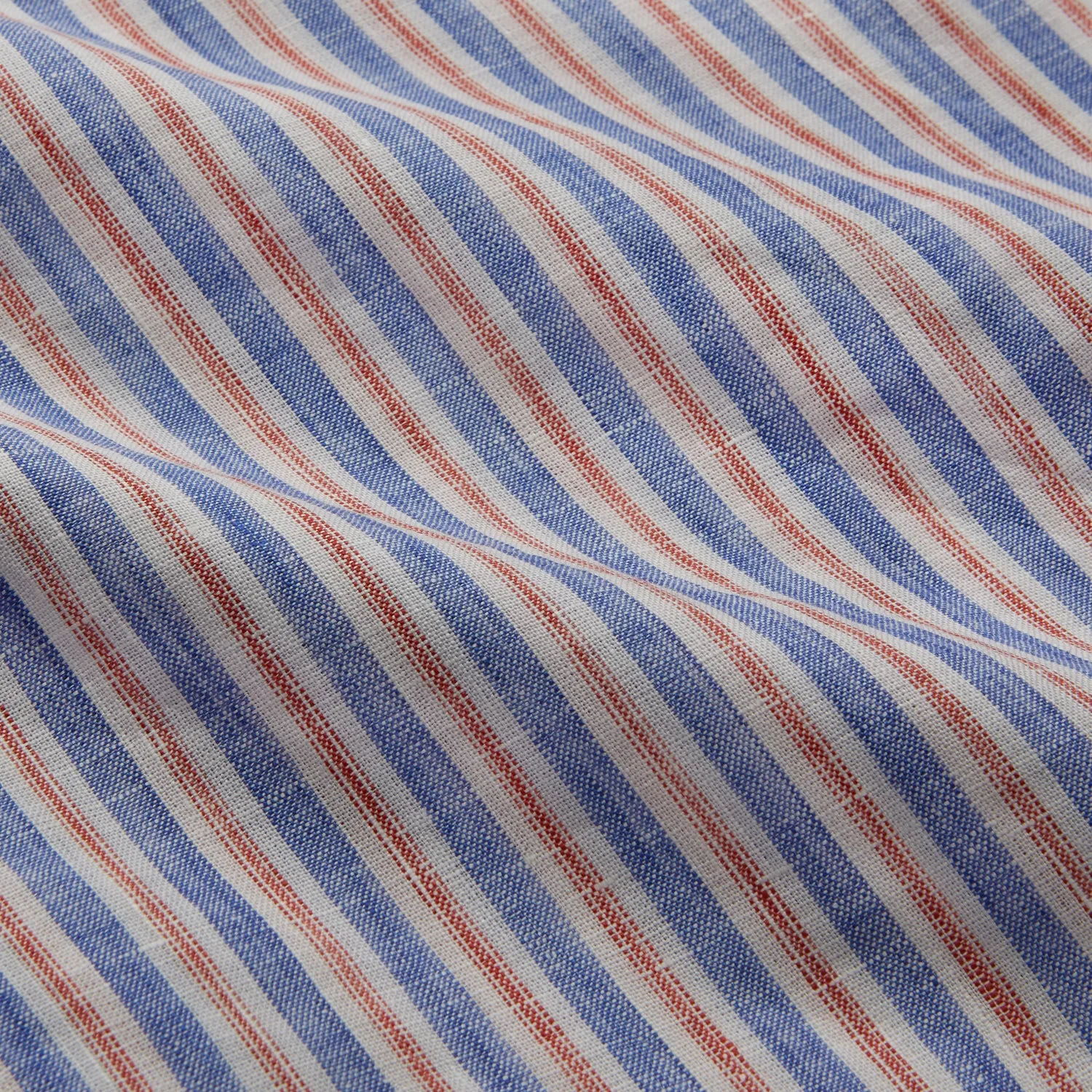 Blue & Red Linen Stripe Weekend Fit Shirt with Stand Collar