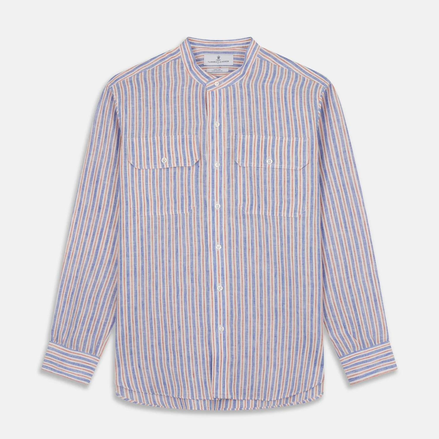 Blue & Red Linen Stripe Weekend Fit Shirt with Stand Collar