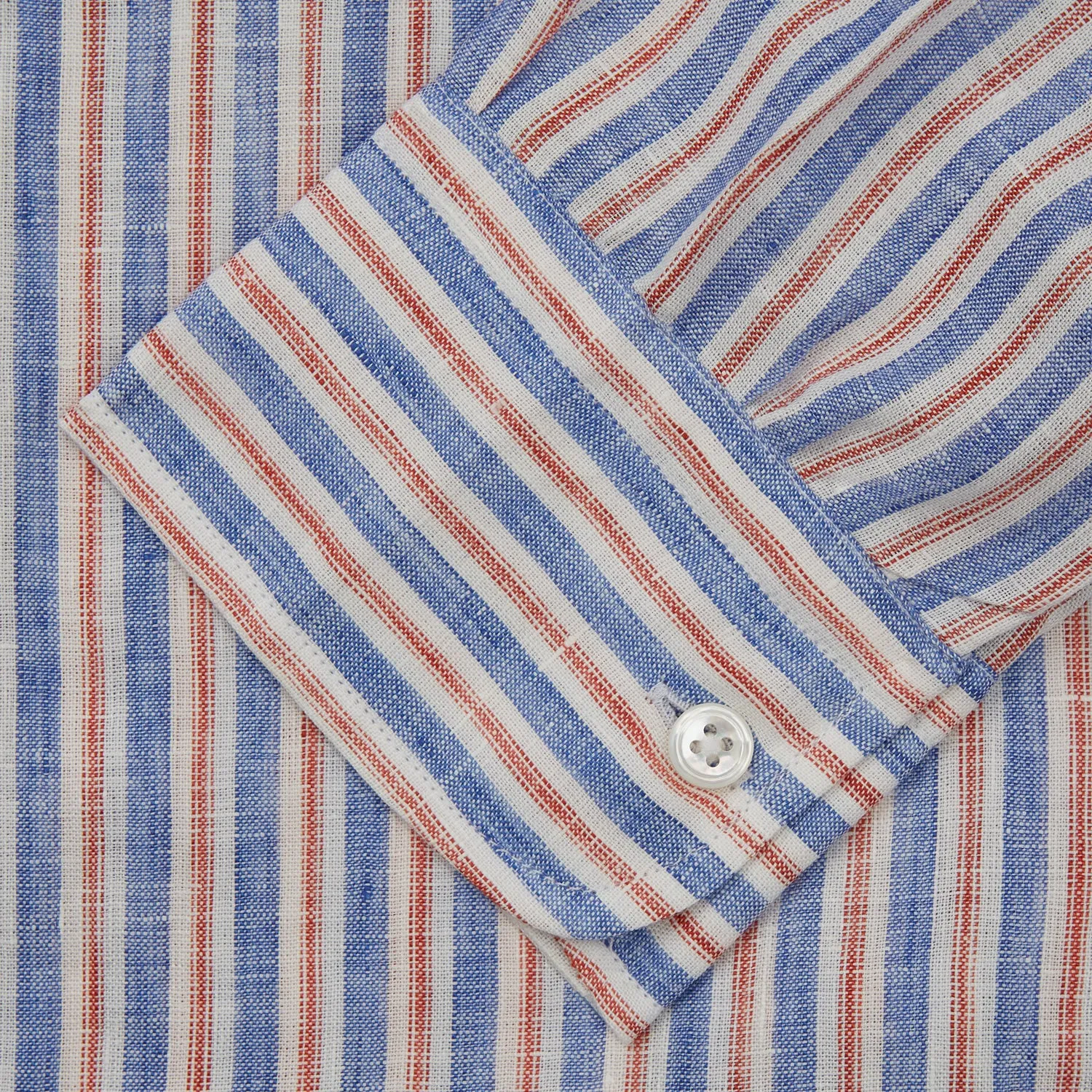 Blue & Red Linen Stripe Weekend Fit Shirt with Stand Collar
