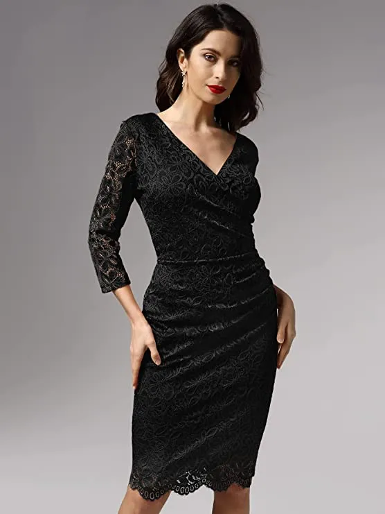 Blue Women's Retro Deep-V Neck Ruffles Floral Lace Evening Pencil Dress - Miusol