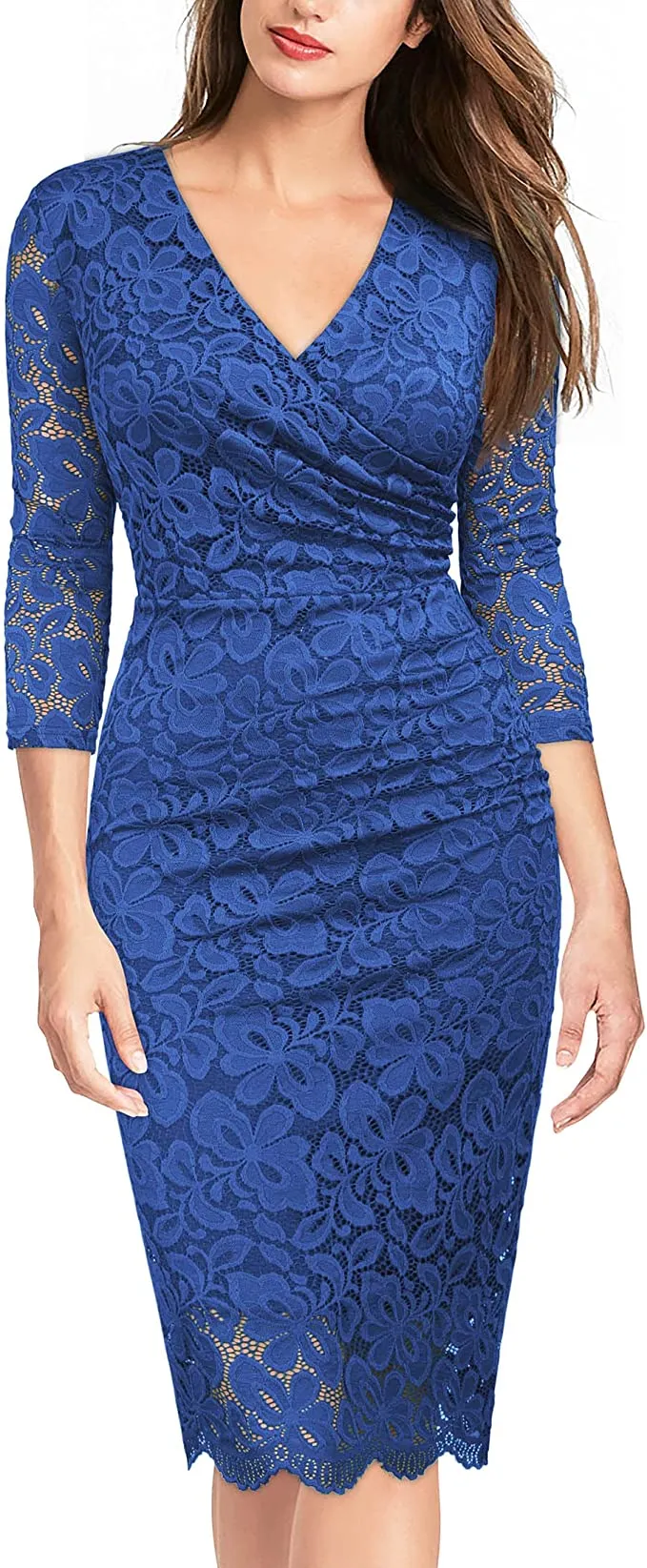 Blue Women's Retro Deep-V Neck Ruffles Floral Lace Evening Pencil Dress - Miusol