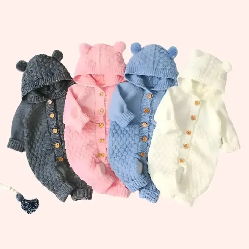 Cuddle Bear Knit Romper 🐻  Cozy Hooded Jumpsuit for Babies (0-18M)
