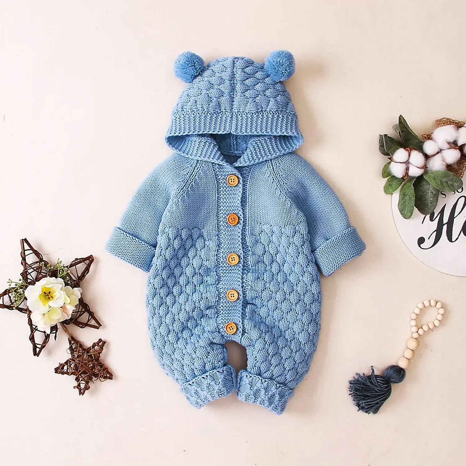 Cuddle Bear Knit Romper 🐻  Cozy Hooded Jumpsuit for Babies (0-18M)
