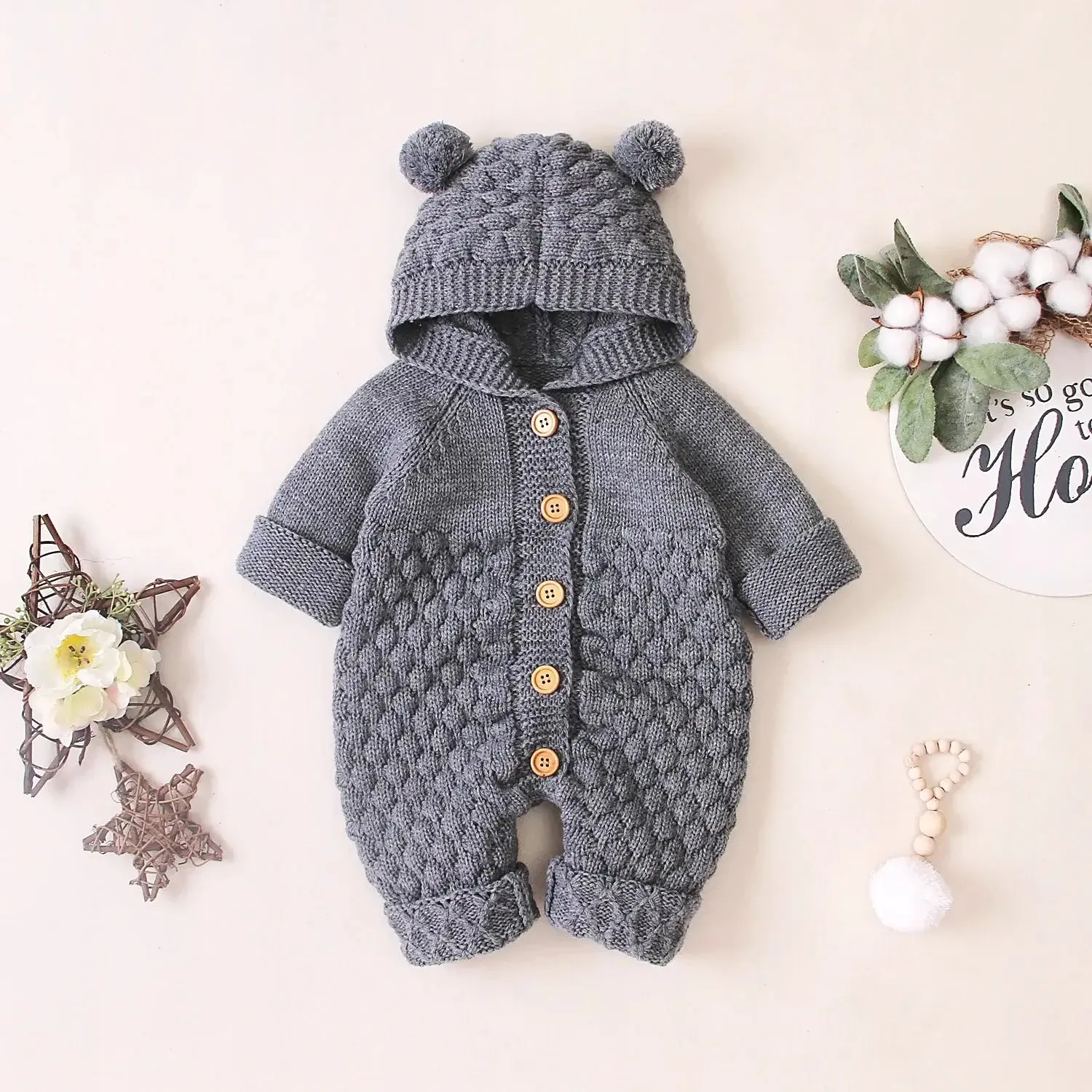 Cuddle Bear Knit Romper 🐻  Cozy Hooded Jumpsuit for Babies (0-18M)
