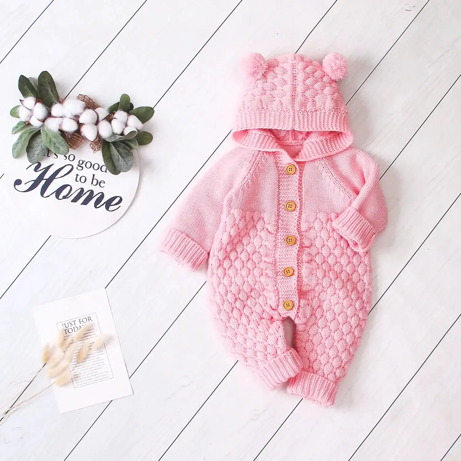 Cuddle Bear Knit Romper 🐻  Cozy Hooded Jumpsuit for Babies (0-18M)