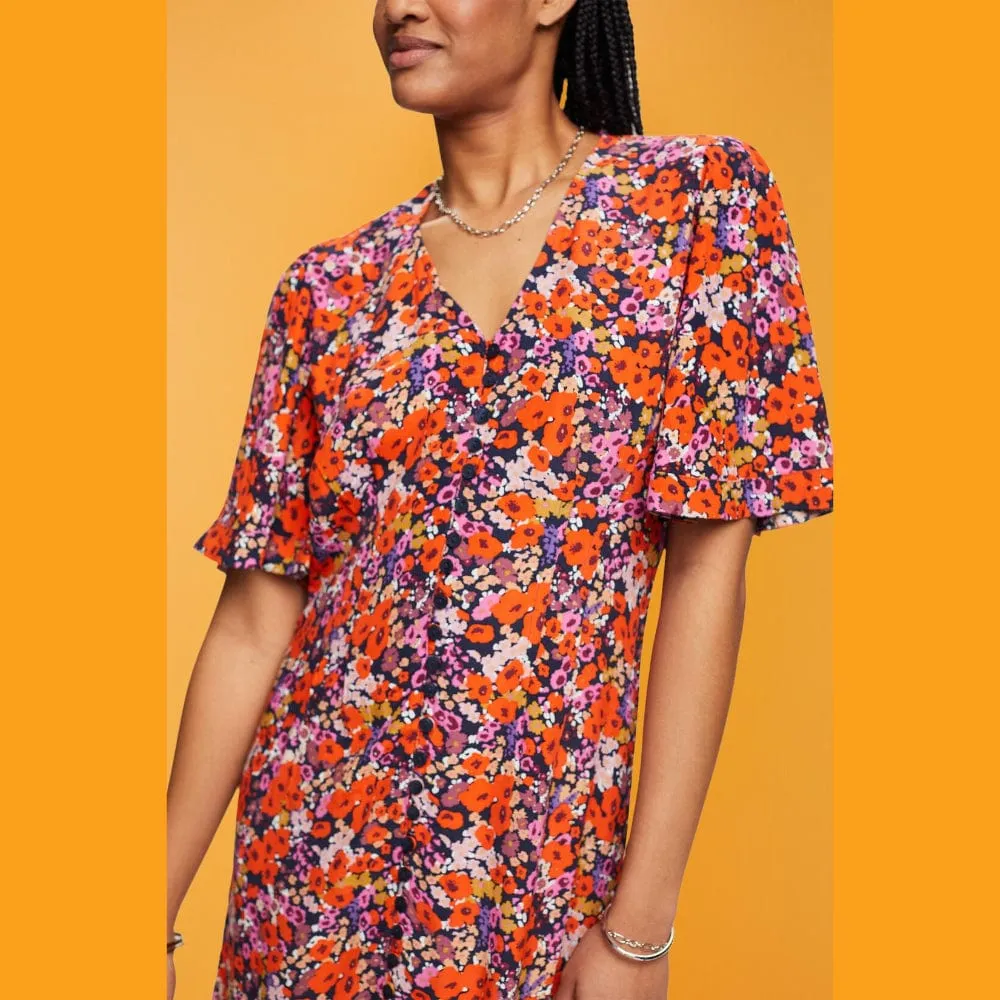 Esprit Short-sleeved midi dress with floral pattern