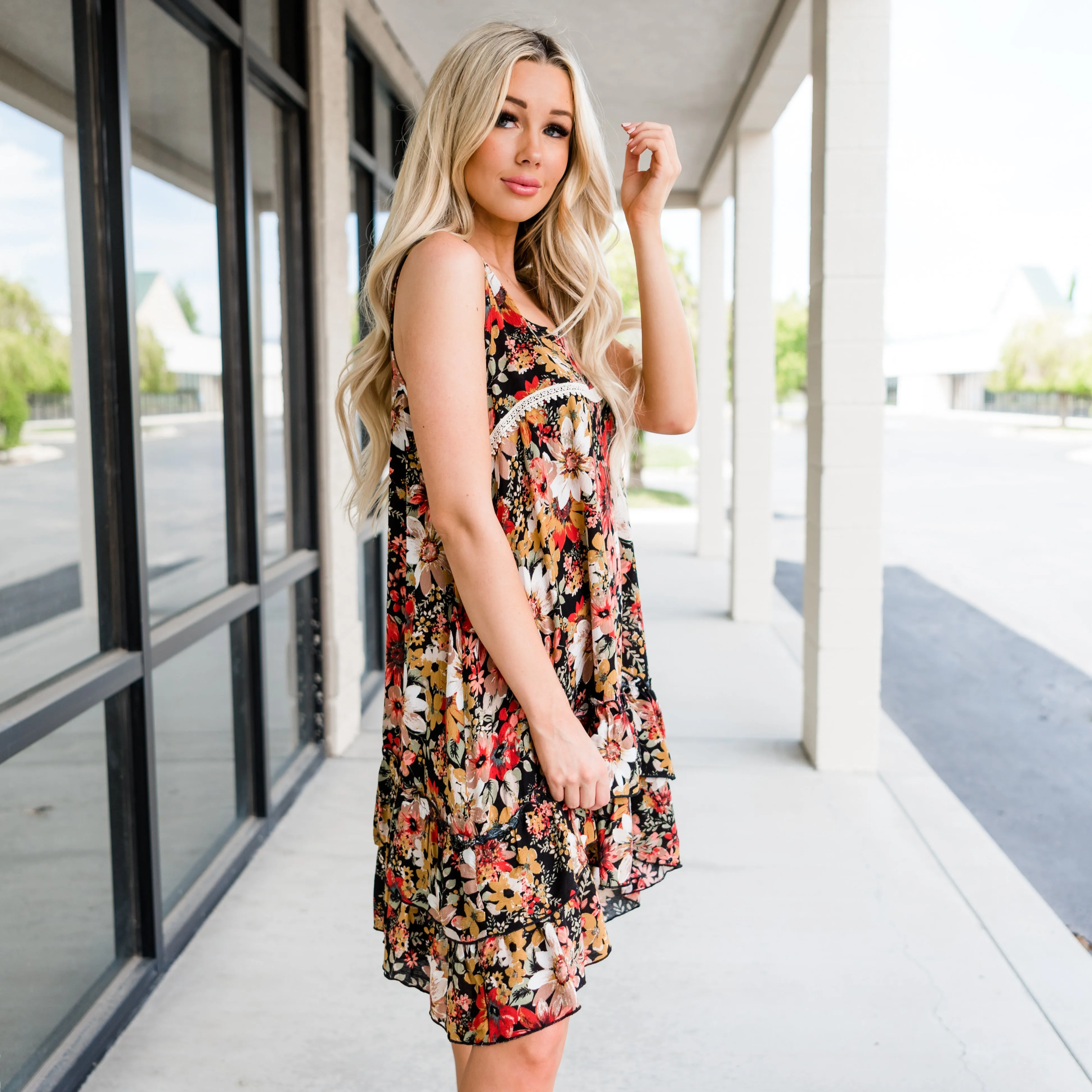 Floral Lace Sun Dress - Black