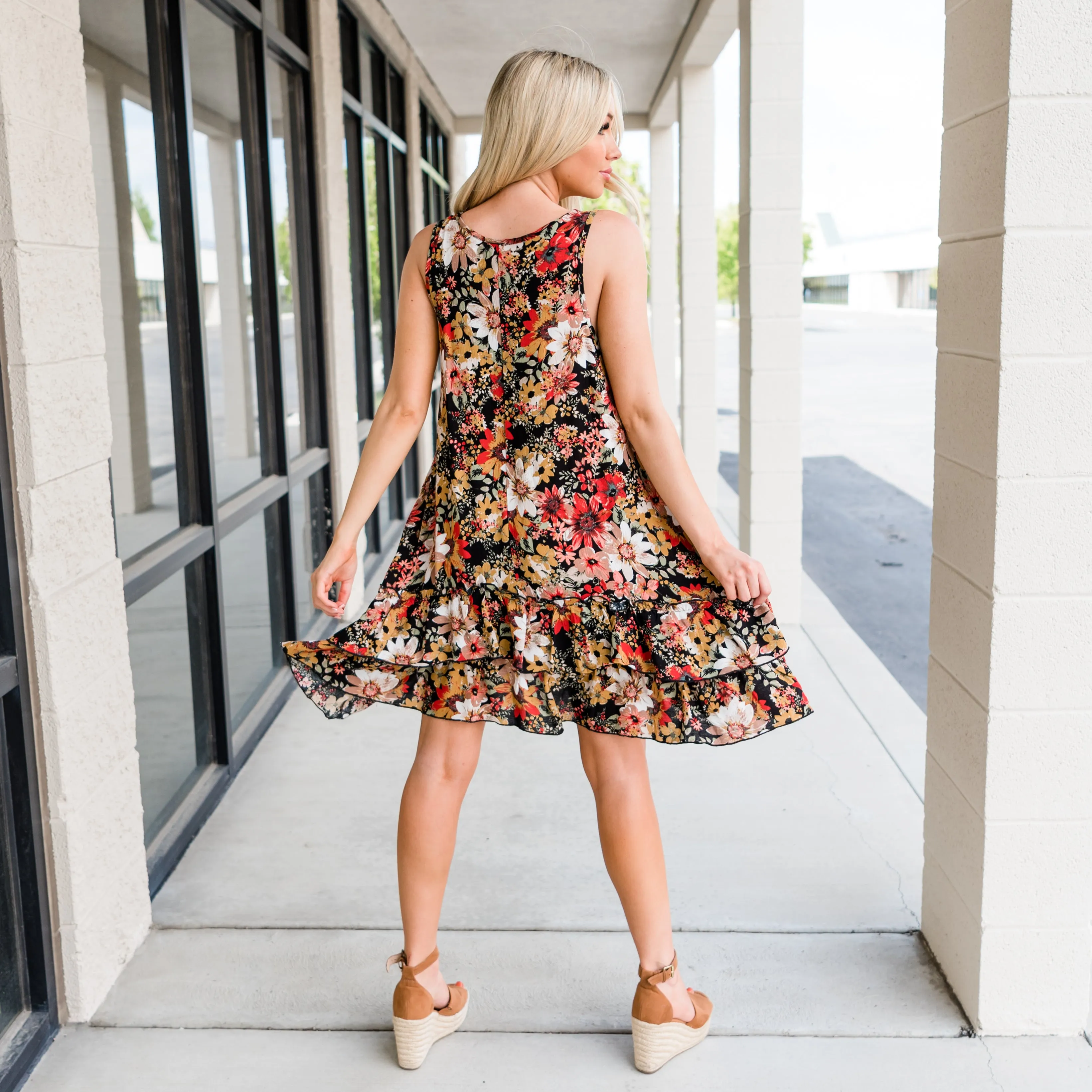 Floral Lace Sun Dress - Black