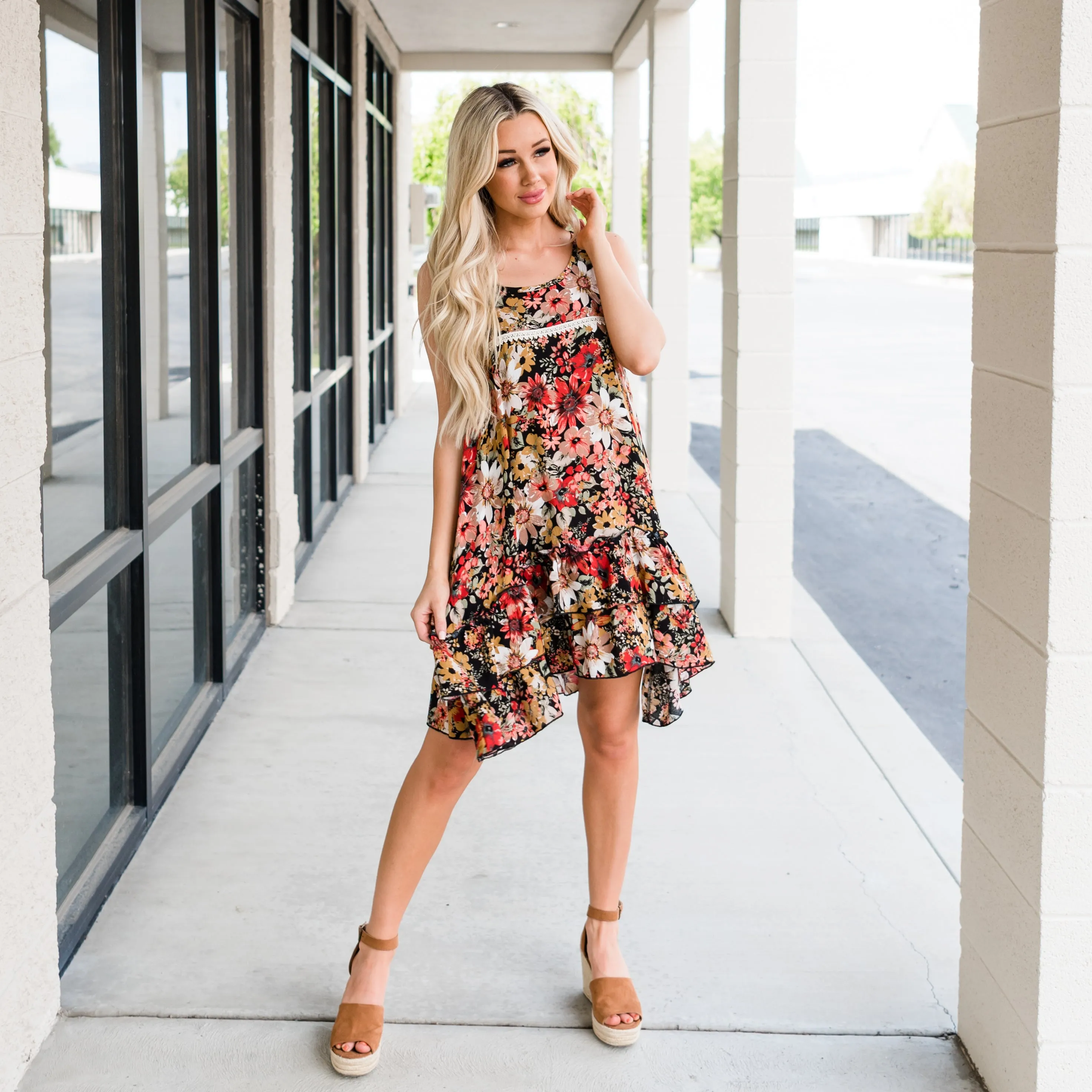 Floral Lace Sun Dress - Black