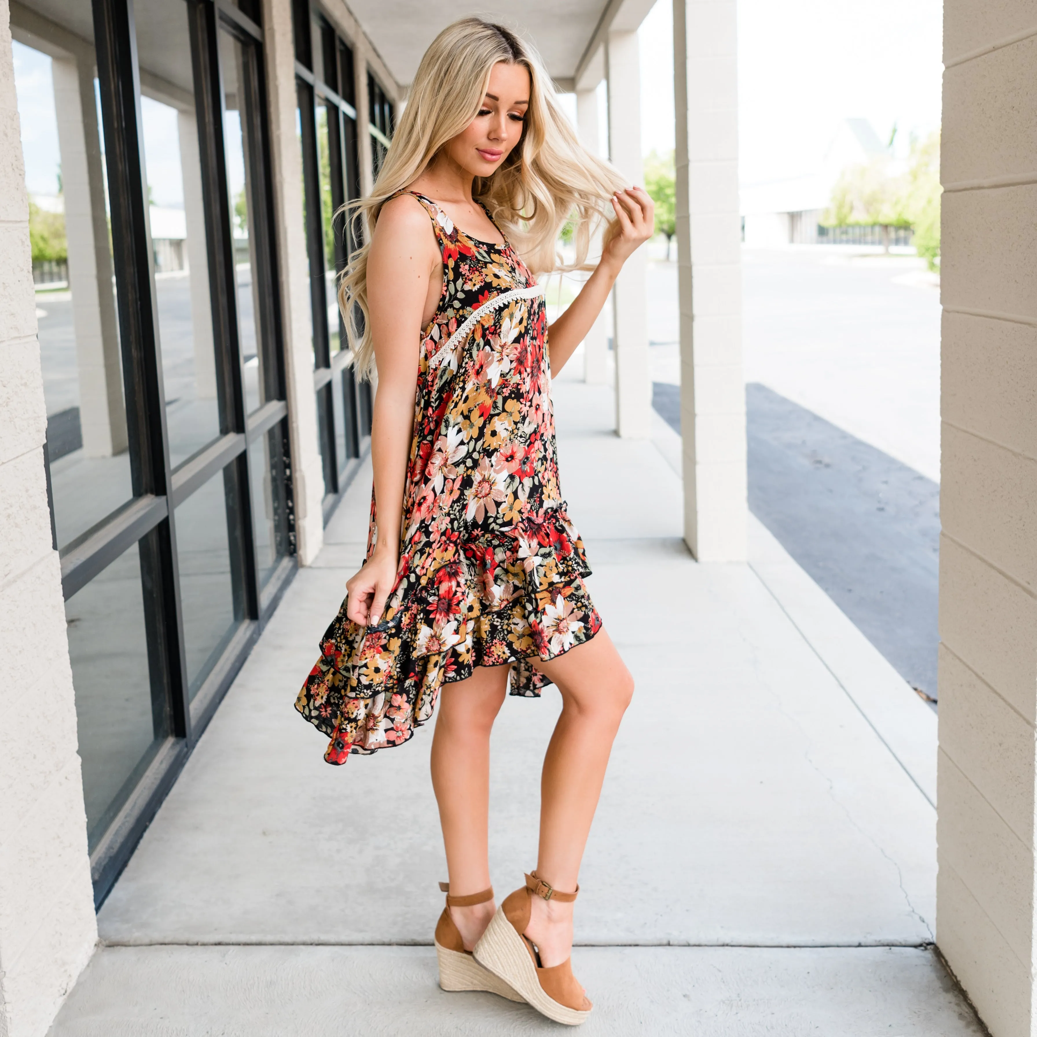 Floral Lace Sun Dress - Black