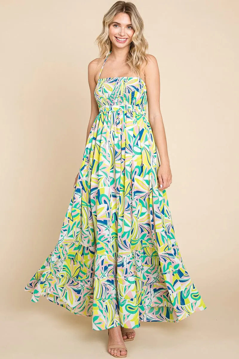 Floral Shirred Bodice Halter Cami Sun Maxi Dress