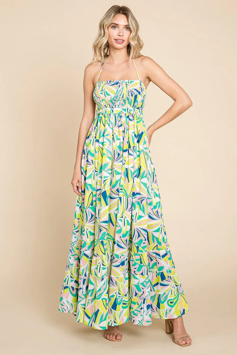 Floral Shirred Bodice Halter Cami Sun Maxi Dress
