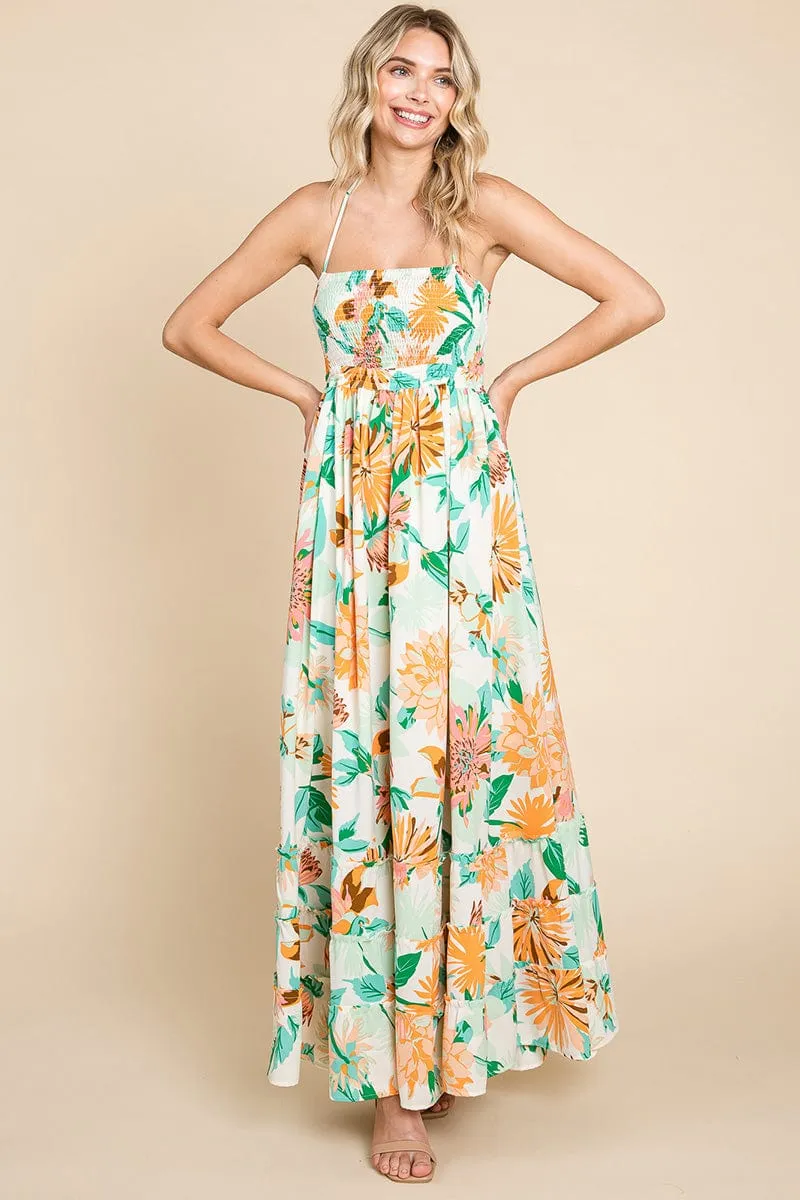 Floral Shirred Bodice Halter Cami Sun Maxi Dress