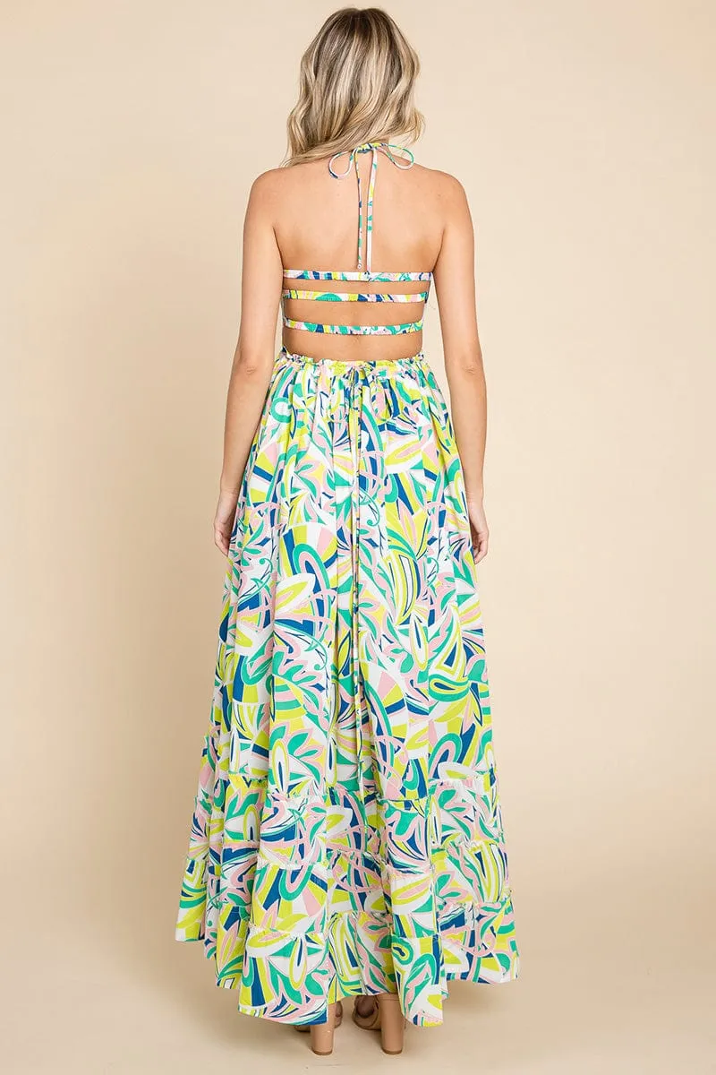 Floral Shirred Bodice Halter Cami Sun Maxi Dress