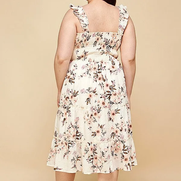 Floral Smocked Dress in Ivory PLUS