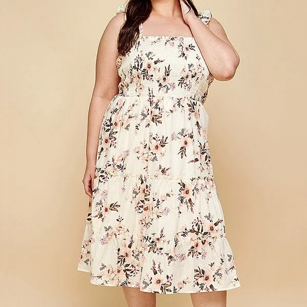 Floral Smocked Dress in Ivory PLUS