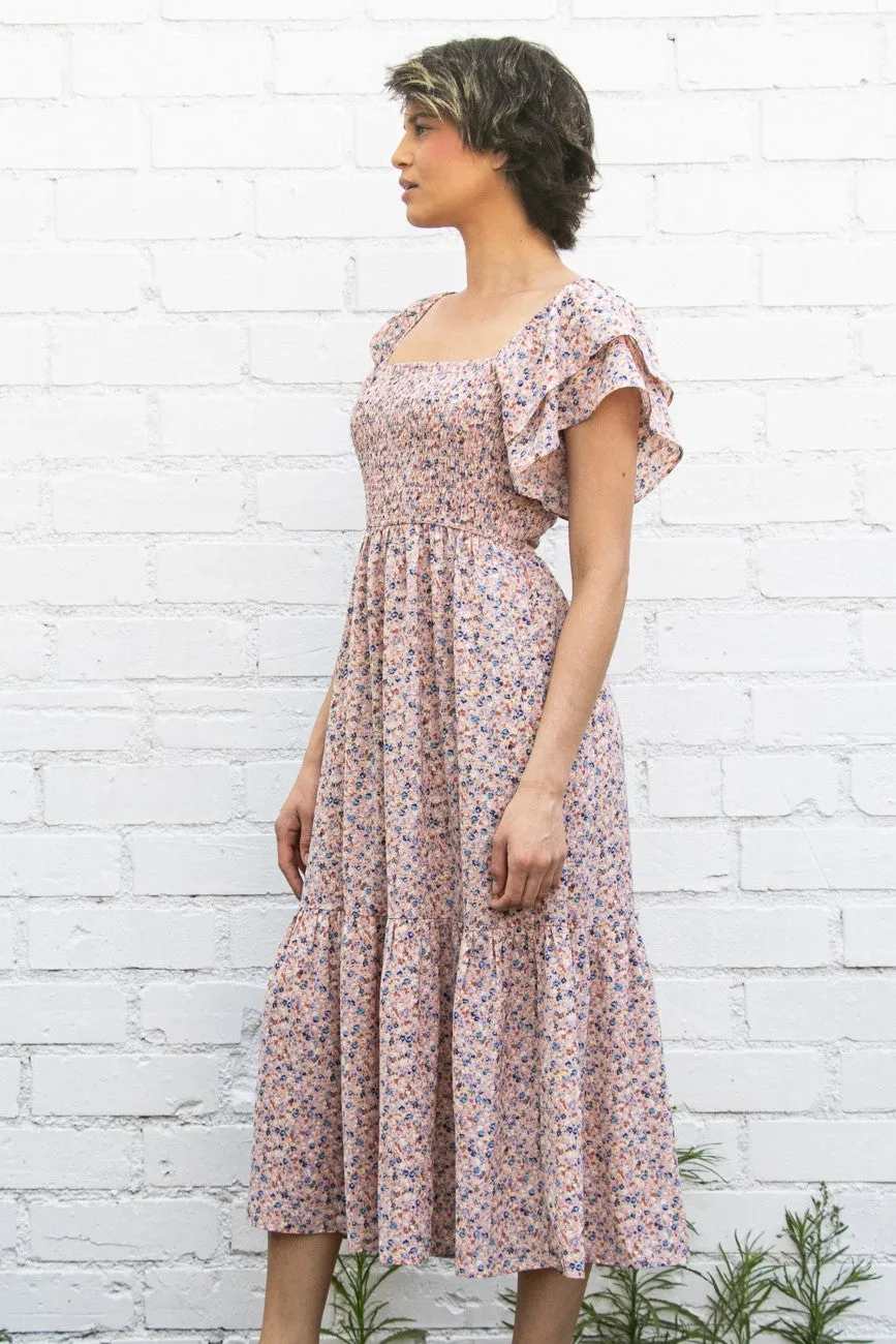 Flutter Sleeve Dress with smocked bodice floral details * on sale