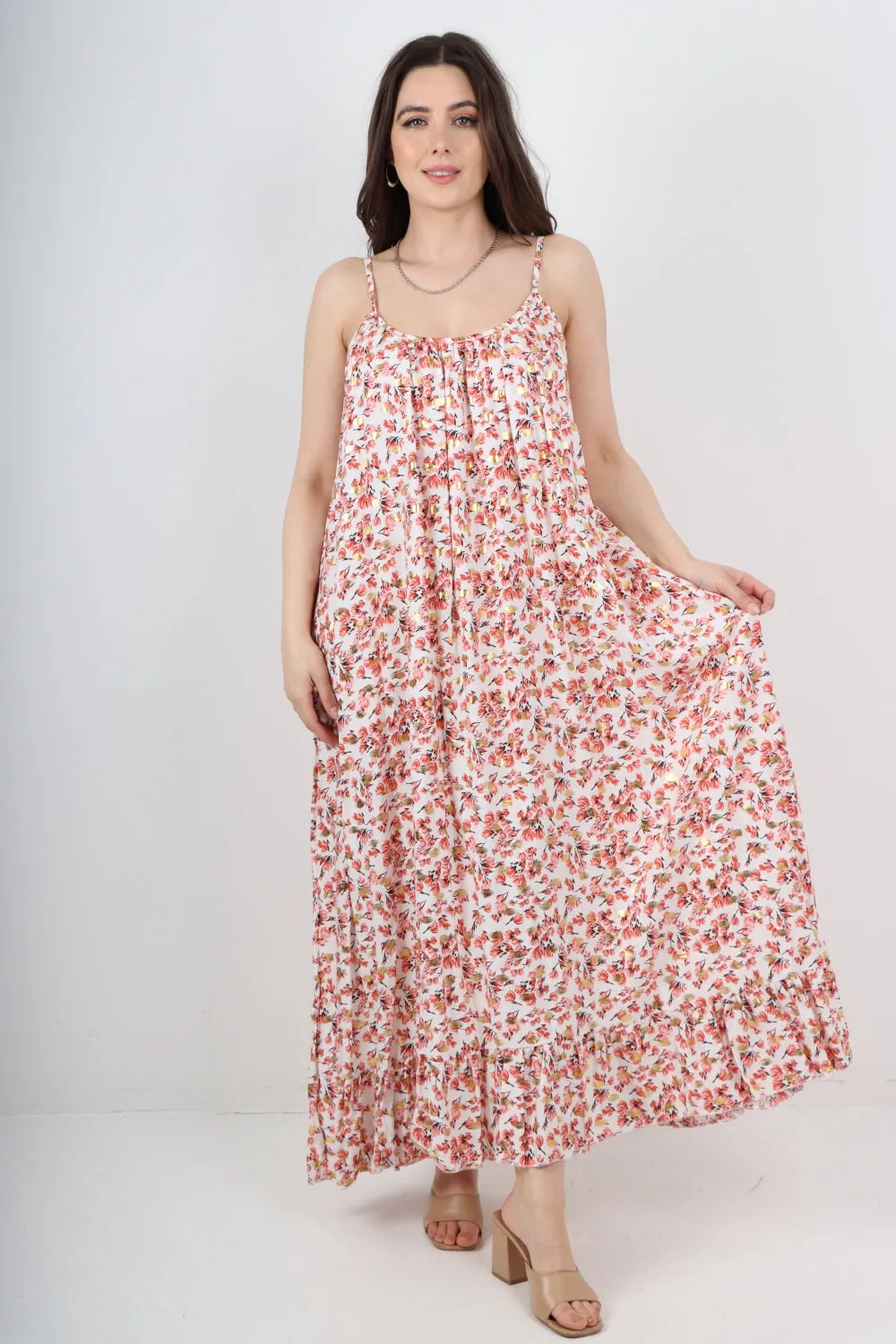 Italian Floral Print  Frill Bottom Sleeveless Vest Sun Dress