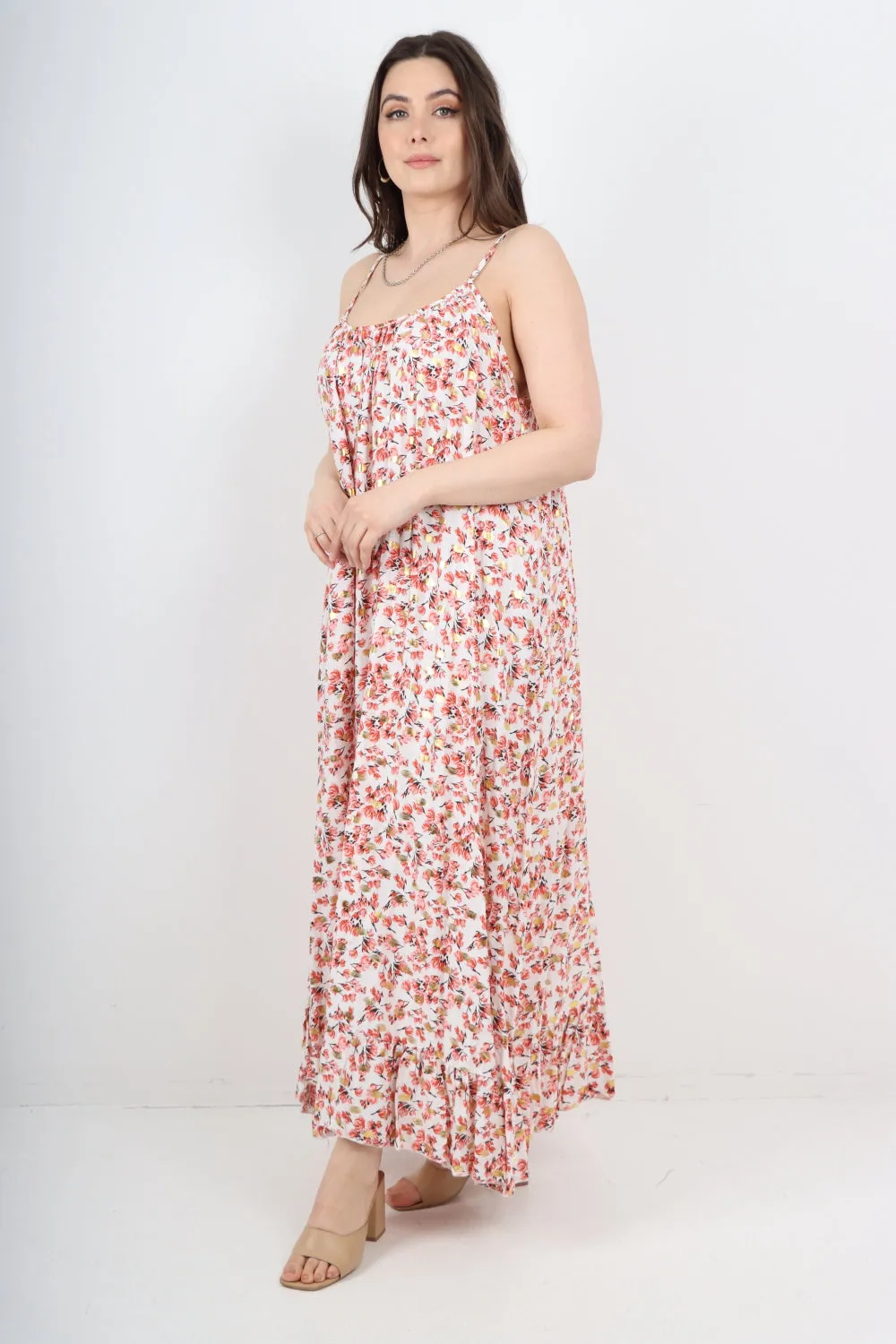 Italian Floral Print  Frill Bottom Sleeveless Vest Sun Dress