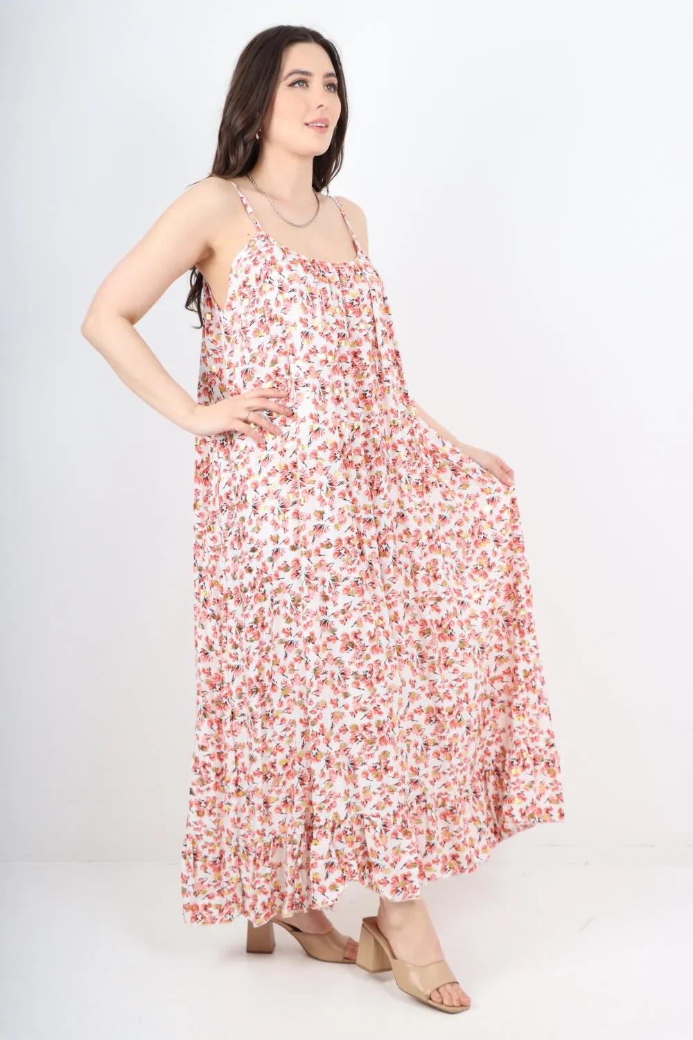 Italian Floral Print  Frill Bottom Sleeveless Vest Sun Dress
