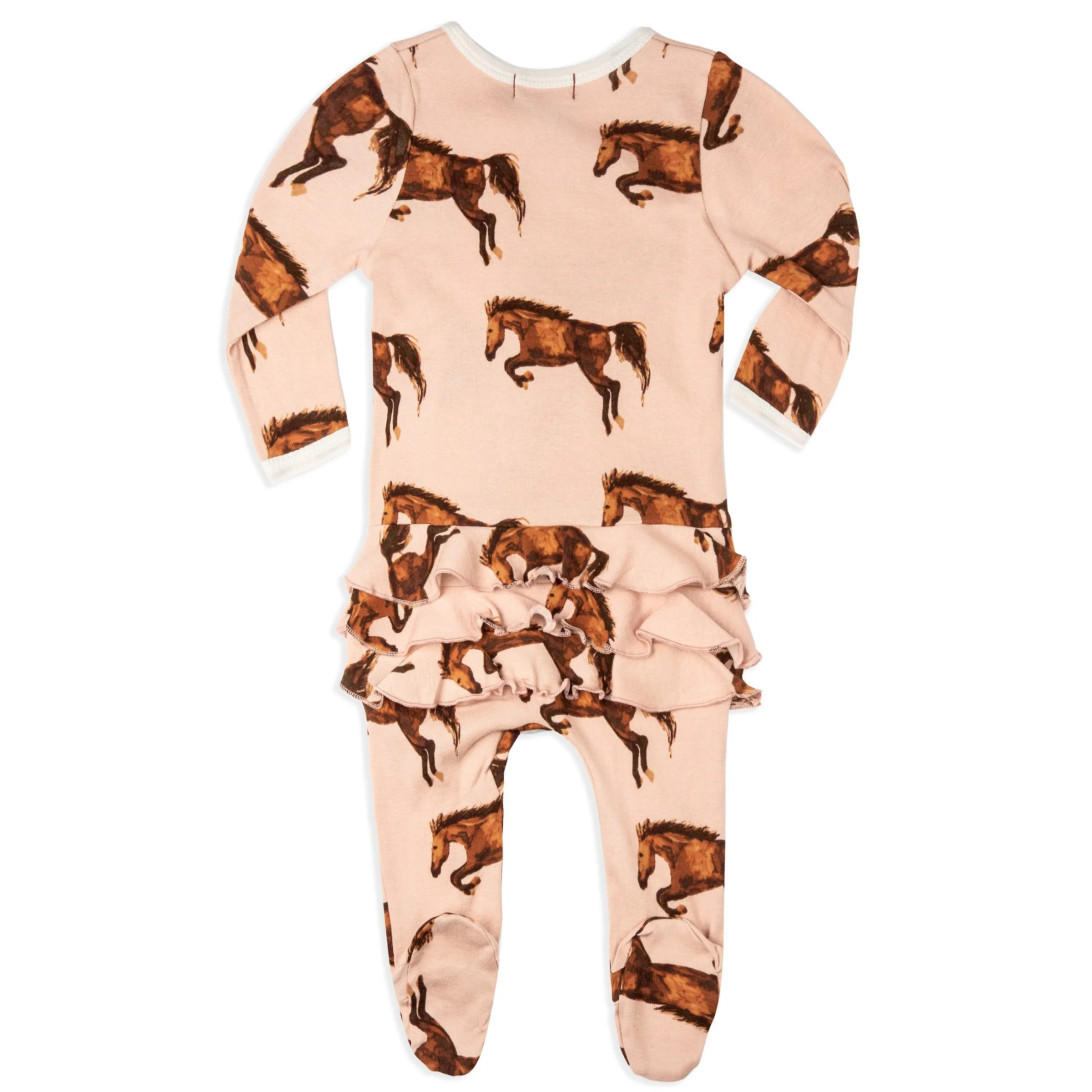 Milkbarn Kids Organic Ruffle ZIPPER Footed Romper | Pink Horse