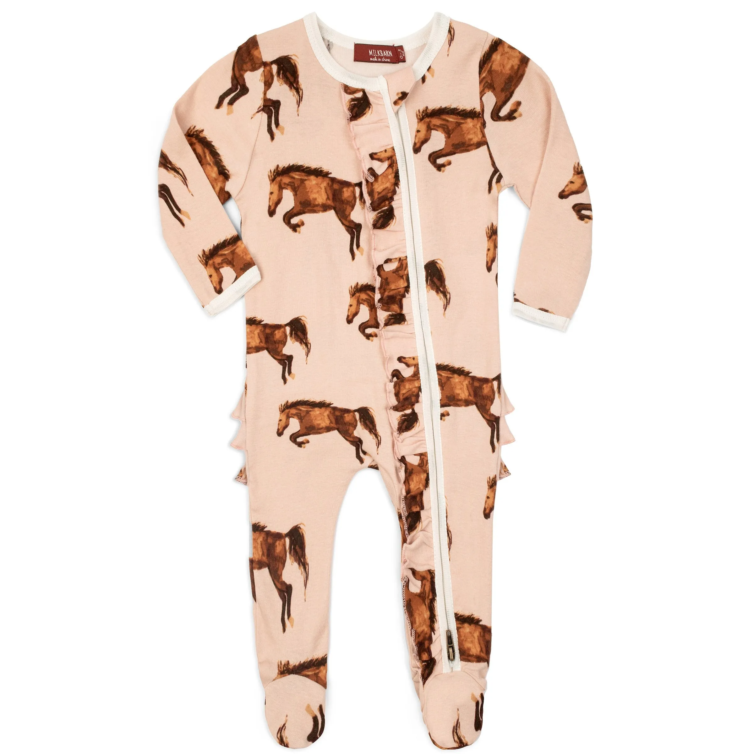 Milkbarn Kids Organic Ruffle ZIPPER Footed Romper | Pink Horse
