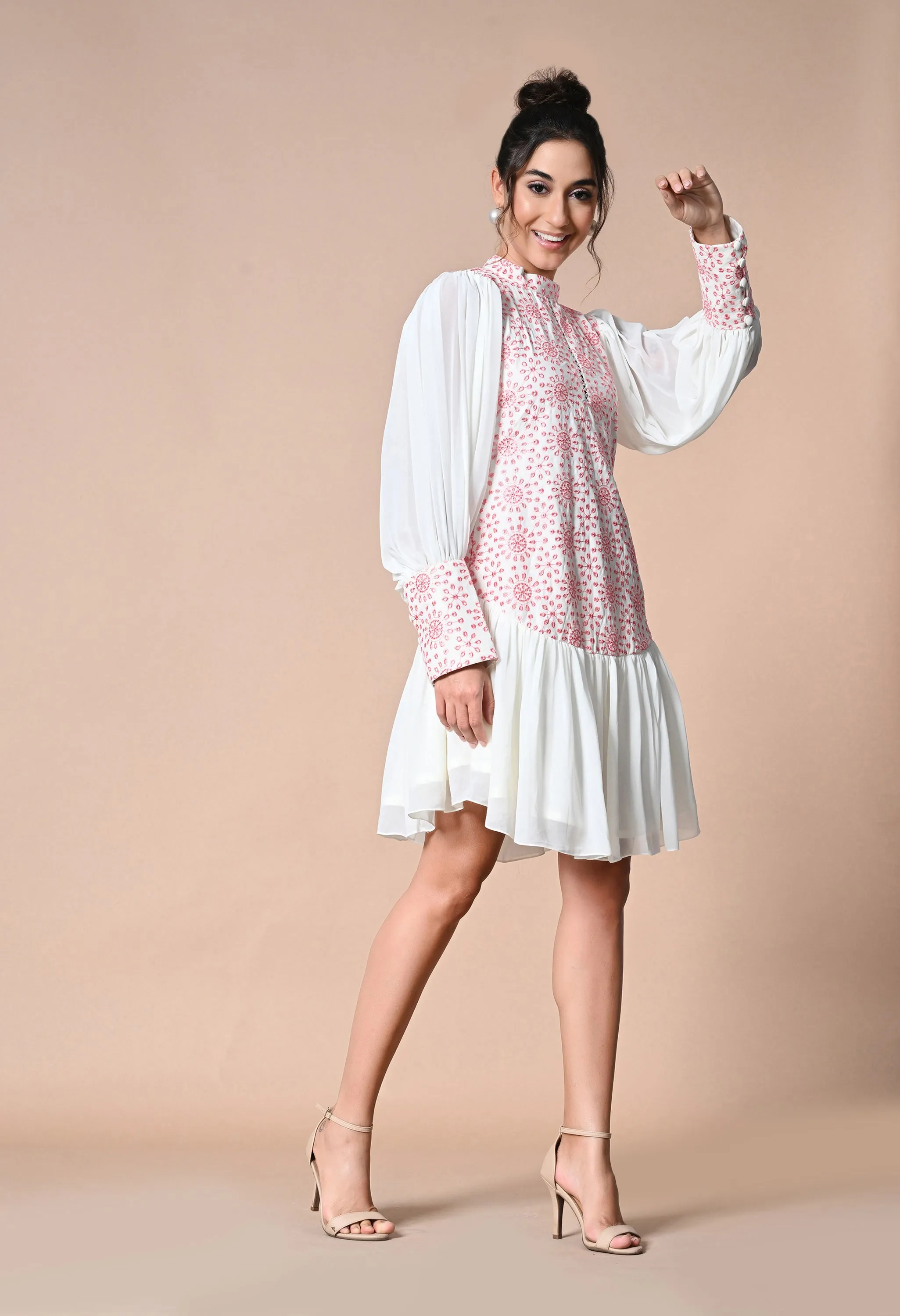 Pankh Playdate Schiffli Dropwaist Dress With Balloon Sleeves