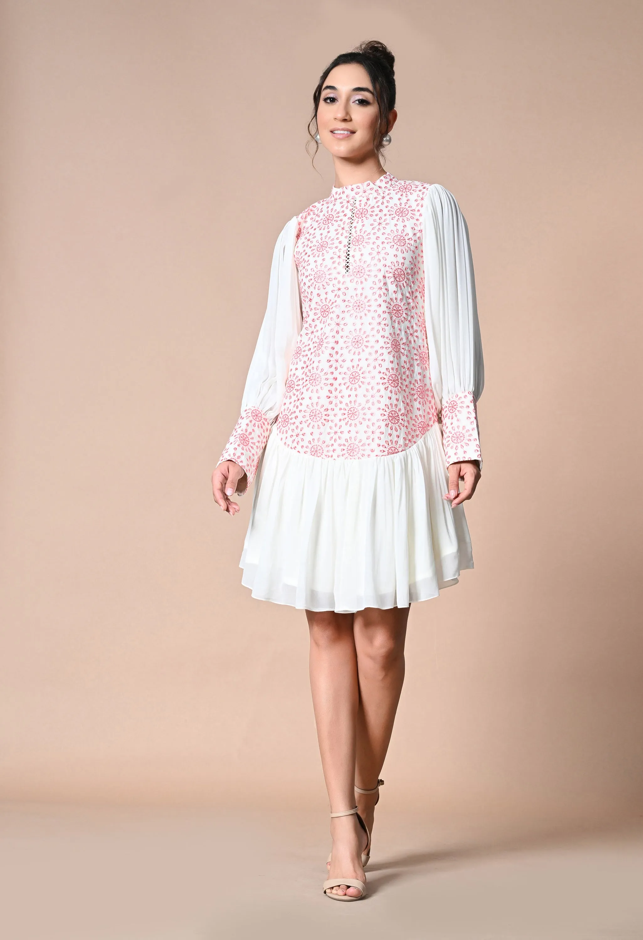 Pankh Playdate Schiffli Dropwaist Dress With Balloon Sleeves