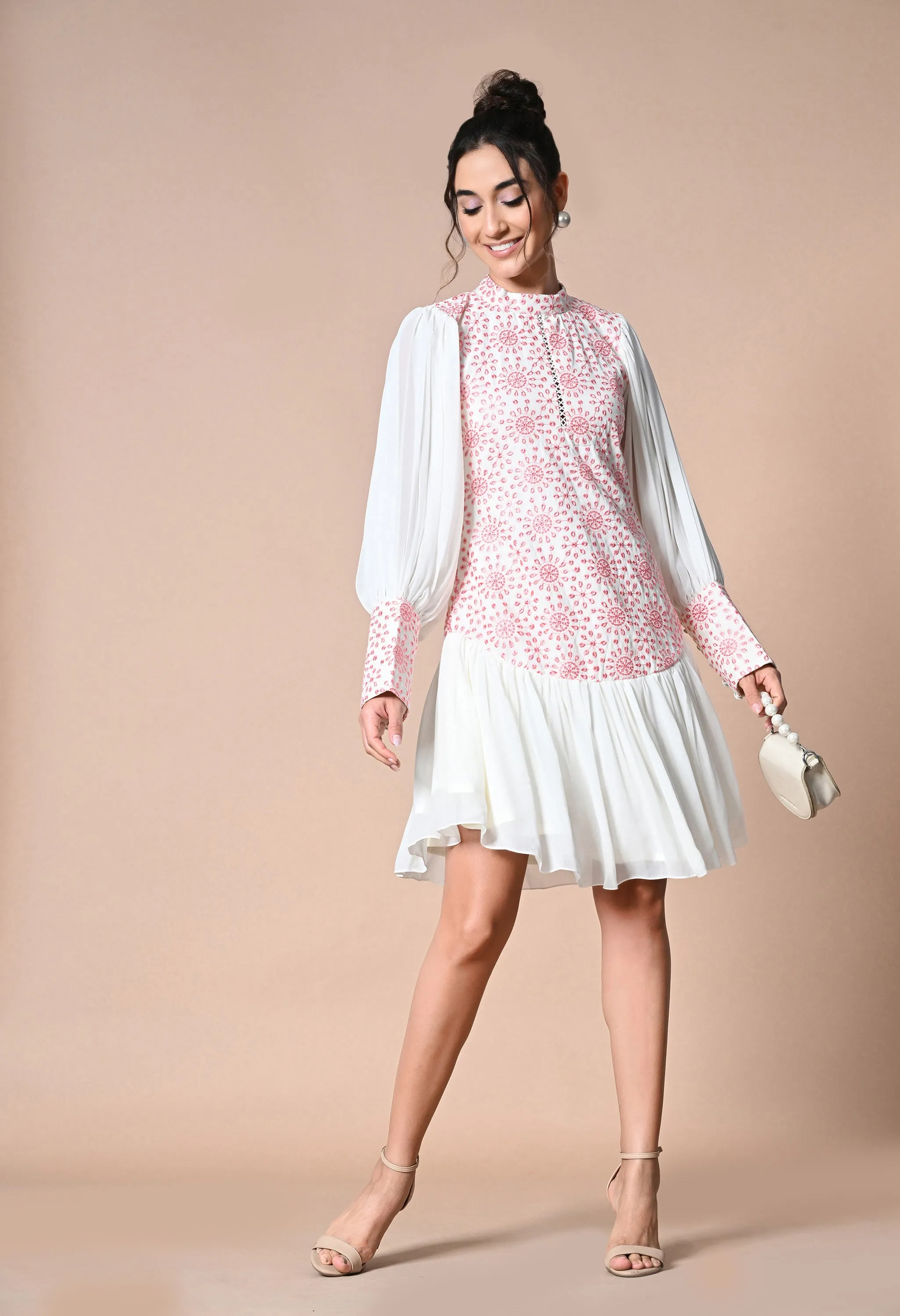 Pankh Playdate Schiffli Dropwaist Dress With Balloon Sleeves