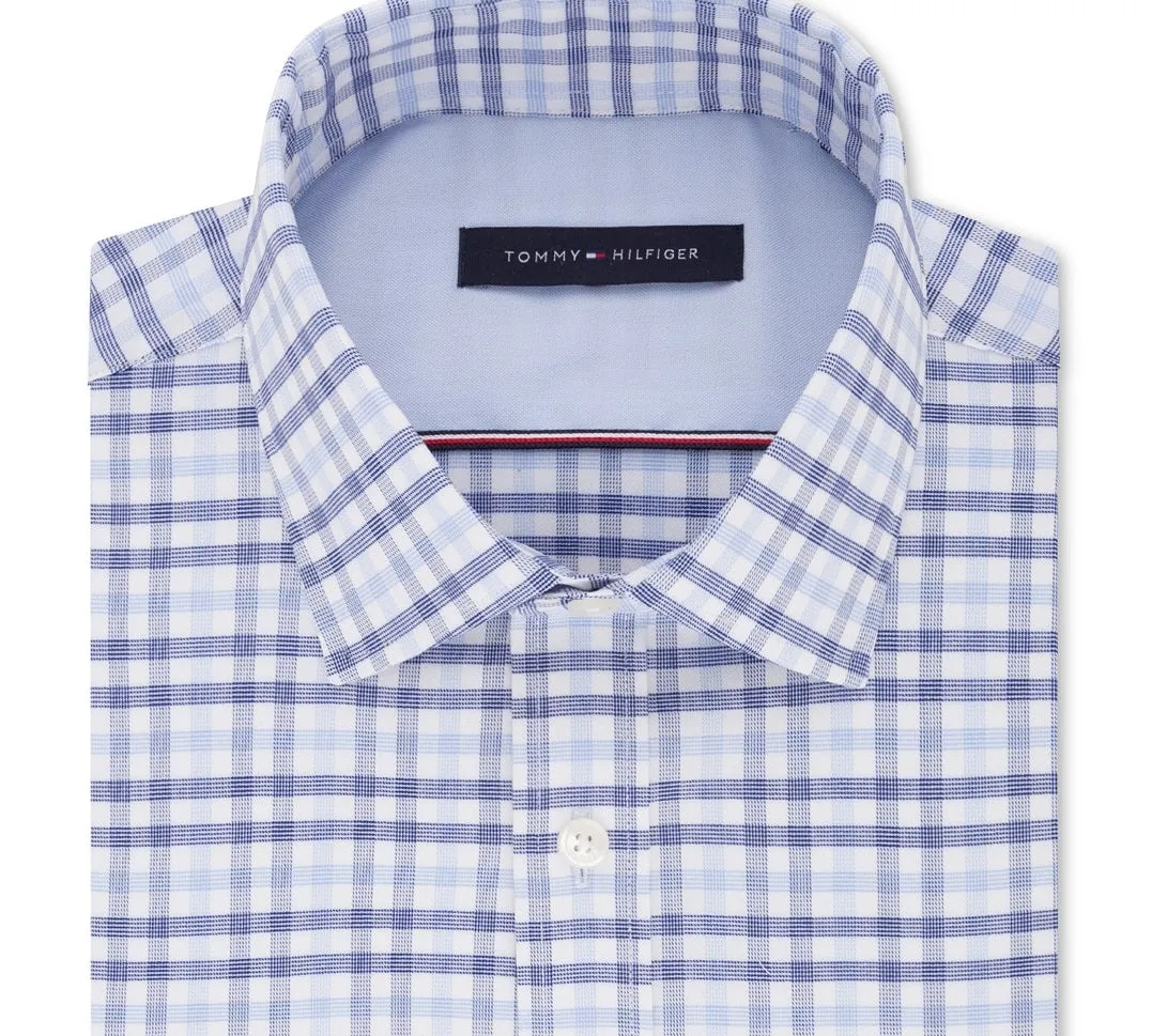 Tommy Hilfiger Men's Fitted Performance Stretch Blue Check Dress Shirt Blue Size 16.5x36-37