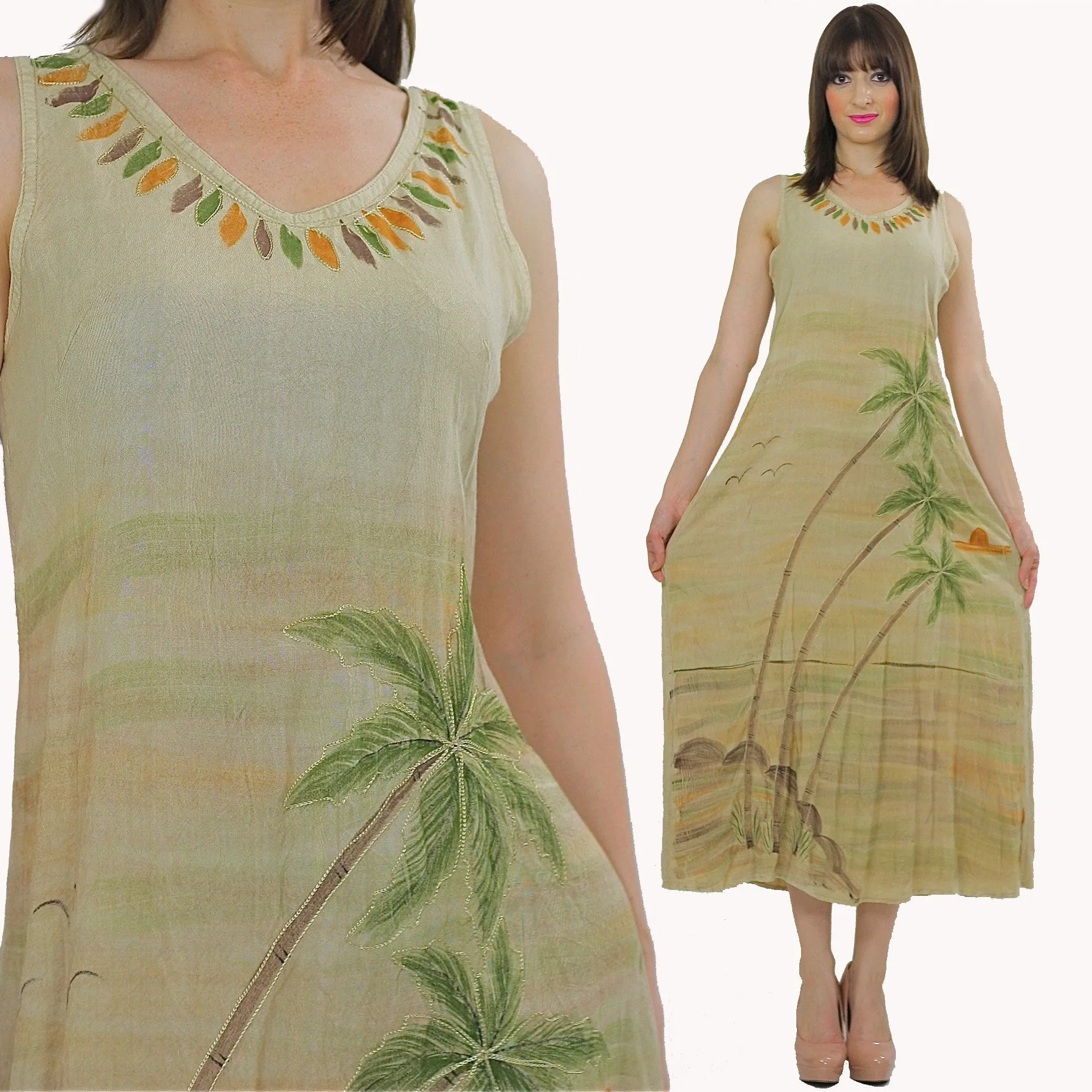 Vintage 90s Tropical Beige boho maxi sun dress