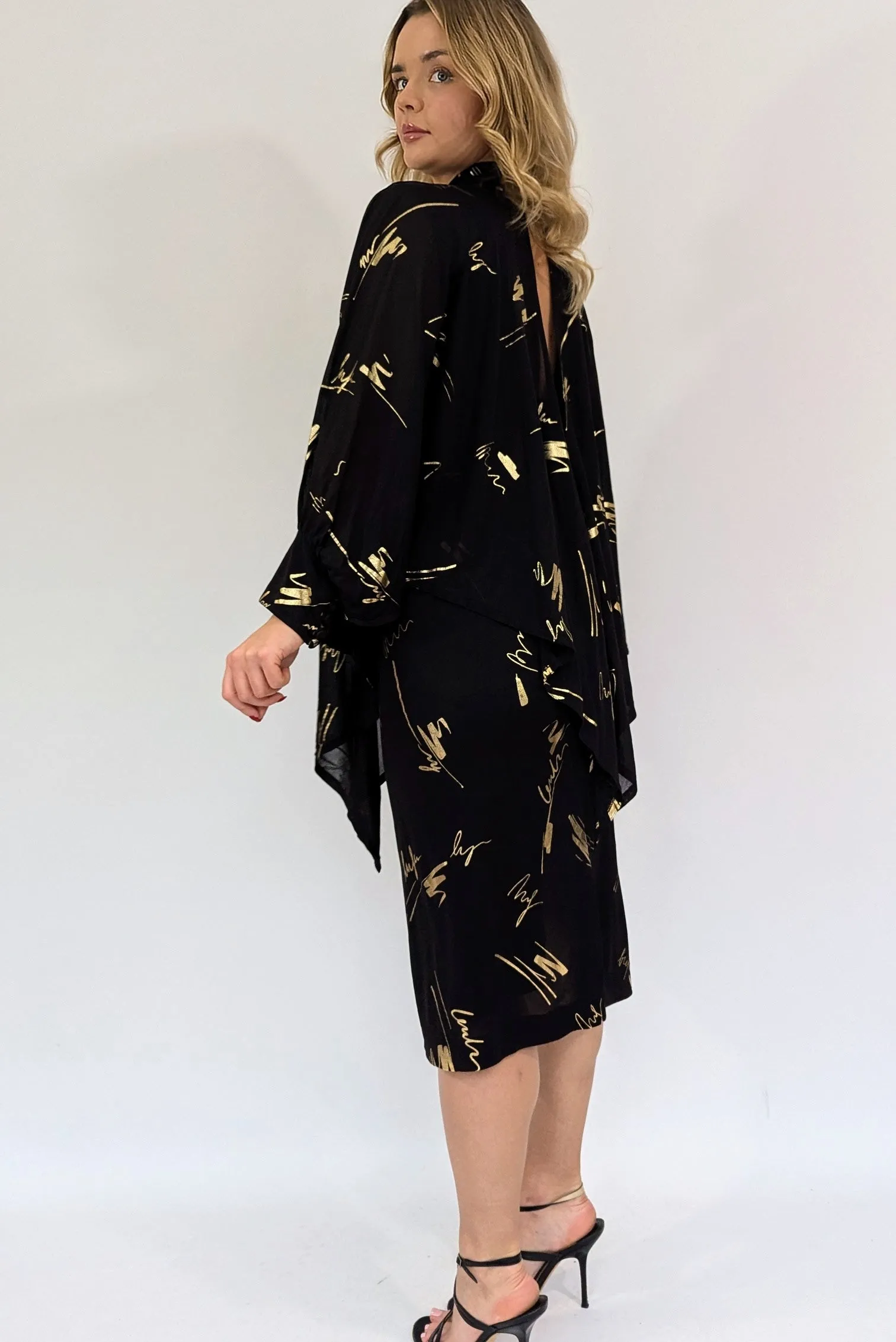 Vintage Gold & Black Flared Sleeve Evening Dress
