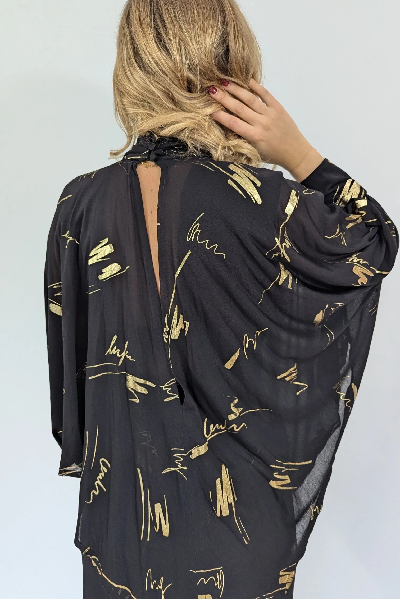 Vintage Gold & Black Flared Sleeve Evening Dress