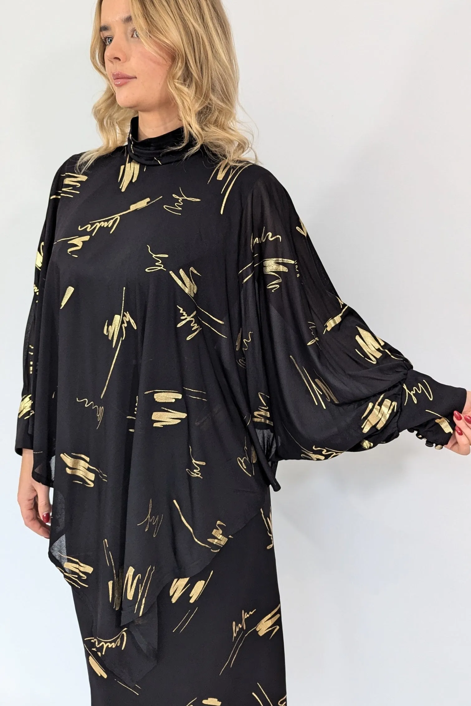 Vintage Gold & Black Flared Sleeve Evening Dress